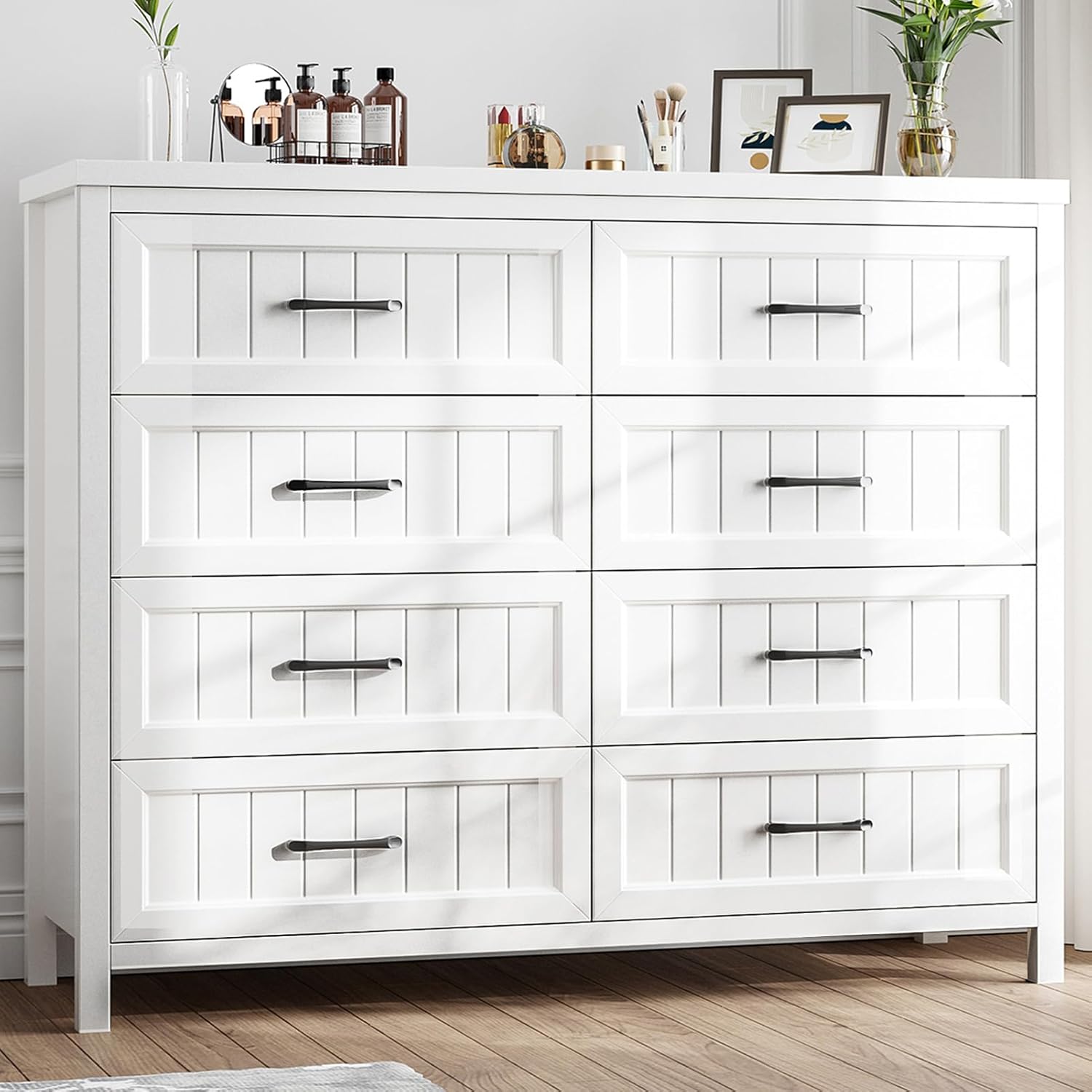 (INCOMPLETE)Farmhouse Dresser 8 Drawer Dresser for Bedroom, Large Wooden Dressers Double Grey Dresser with Deep Drawers Dressers for Hallway, Entryway (White)