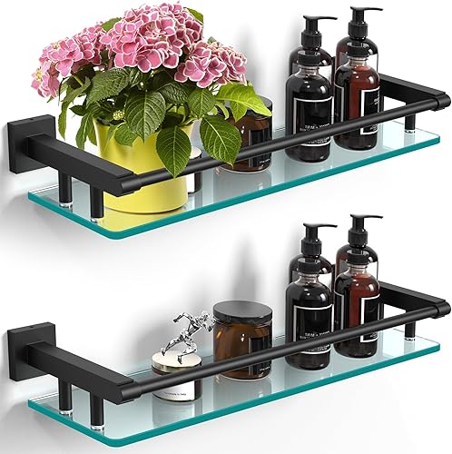 Miniatura 7 de Estante de vidrio para baño de 20 pulgadas, estantes rectangulares de vidrio templado de acero inoxidable moderno para montaje en pared, estante de