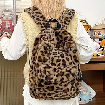 Fluffy Leopard Backpack for Women Men Vintage Cheetah Print Daypack Fashion Y2K School Travel Back