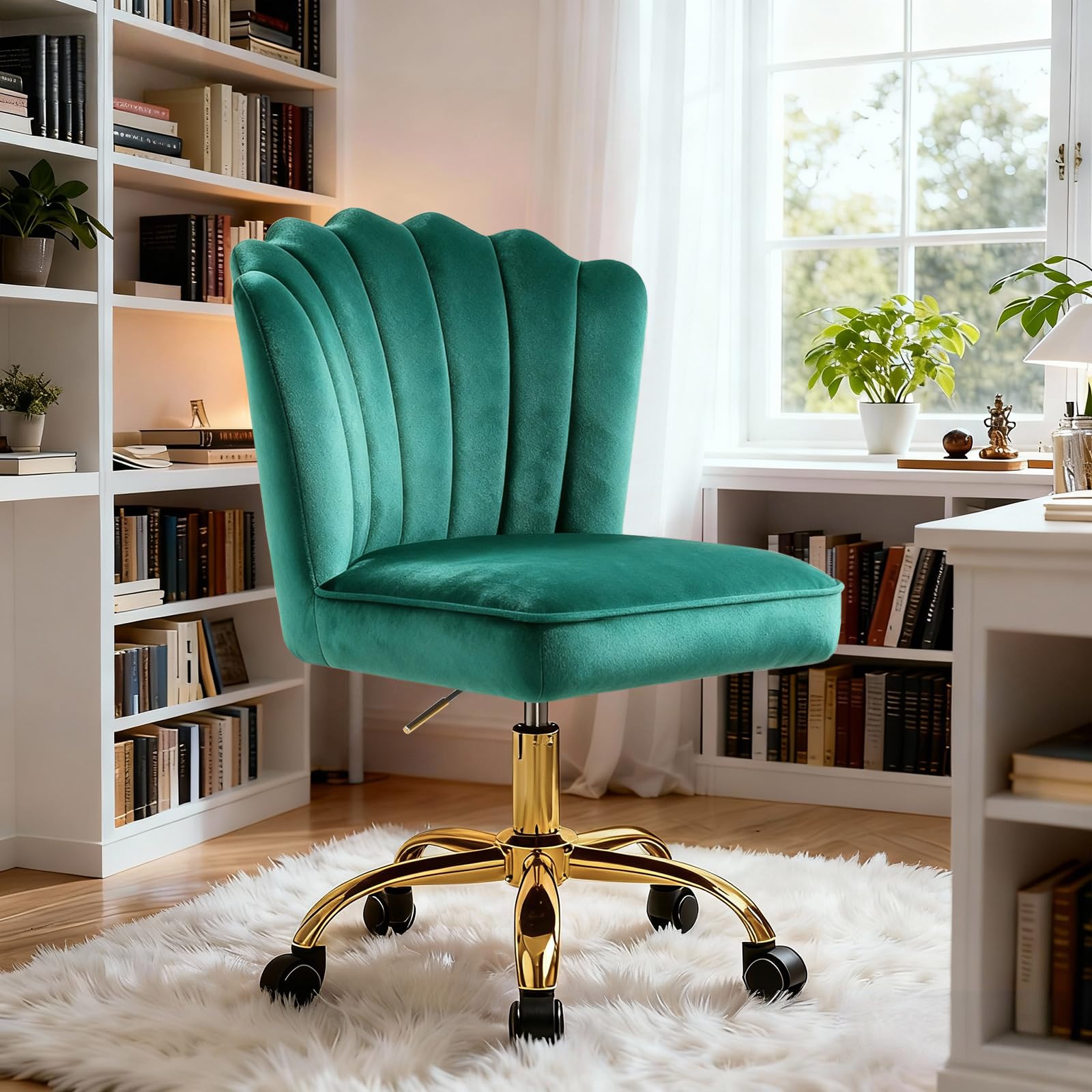 Silla de Escritorio, Silla de Oficina con Ruedas, Giratoria, Altura Ajustable, Patas Doradas, para Estudio, Dormitorio y Maquillaje, Terciopelo,135 kg, Verde