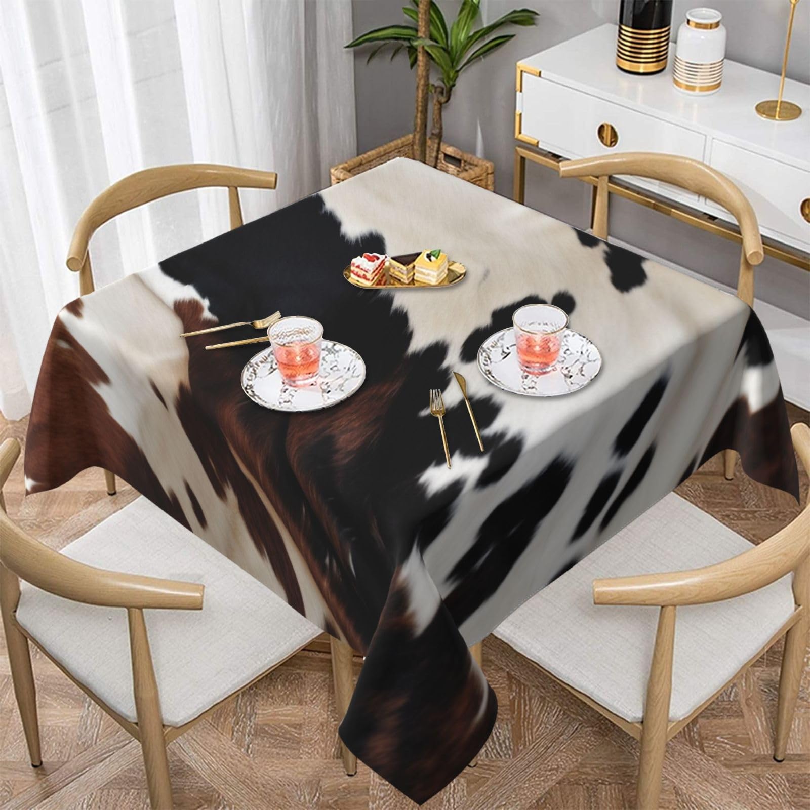 WPKJU Cowhide Printed Square Tablecloth 60x60 inch Water Resistant Table Cover Washable Rectangle Table Cloth for Dining Tables