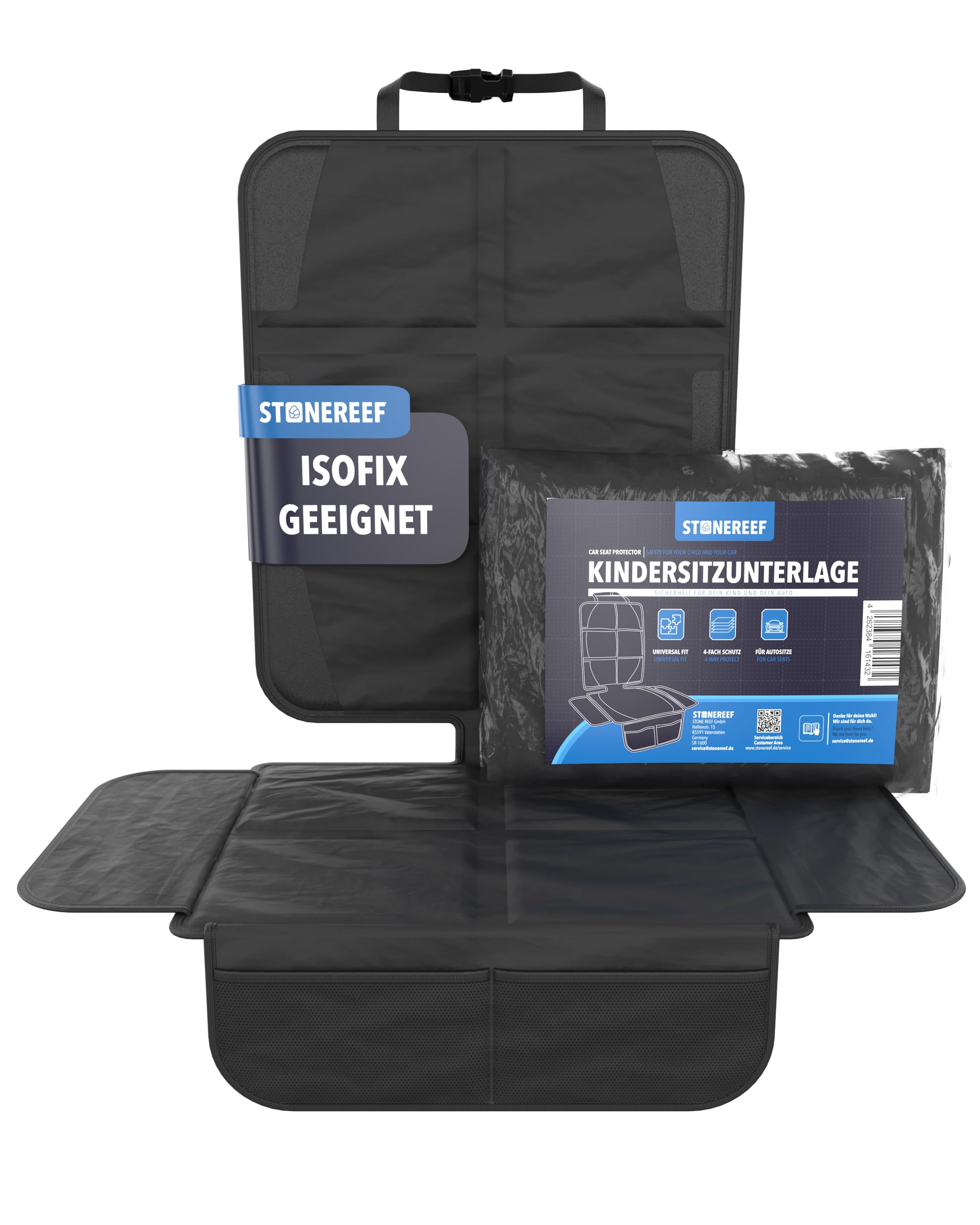 STONE REEF Kindersitzunterlage Auto 25×23×10.5 cm – Sitzschoner [wasserabweisend, 600D Oxford] mit EPE-Polsterung – Autositzschutz Isofix geeignet – Schutzmatte Kindersitz Auflage – Schwarz – Faltbar