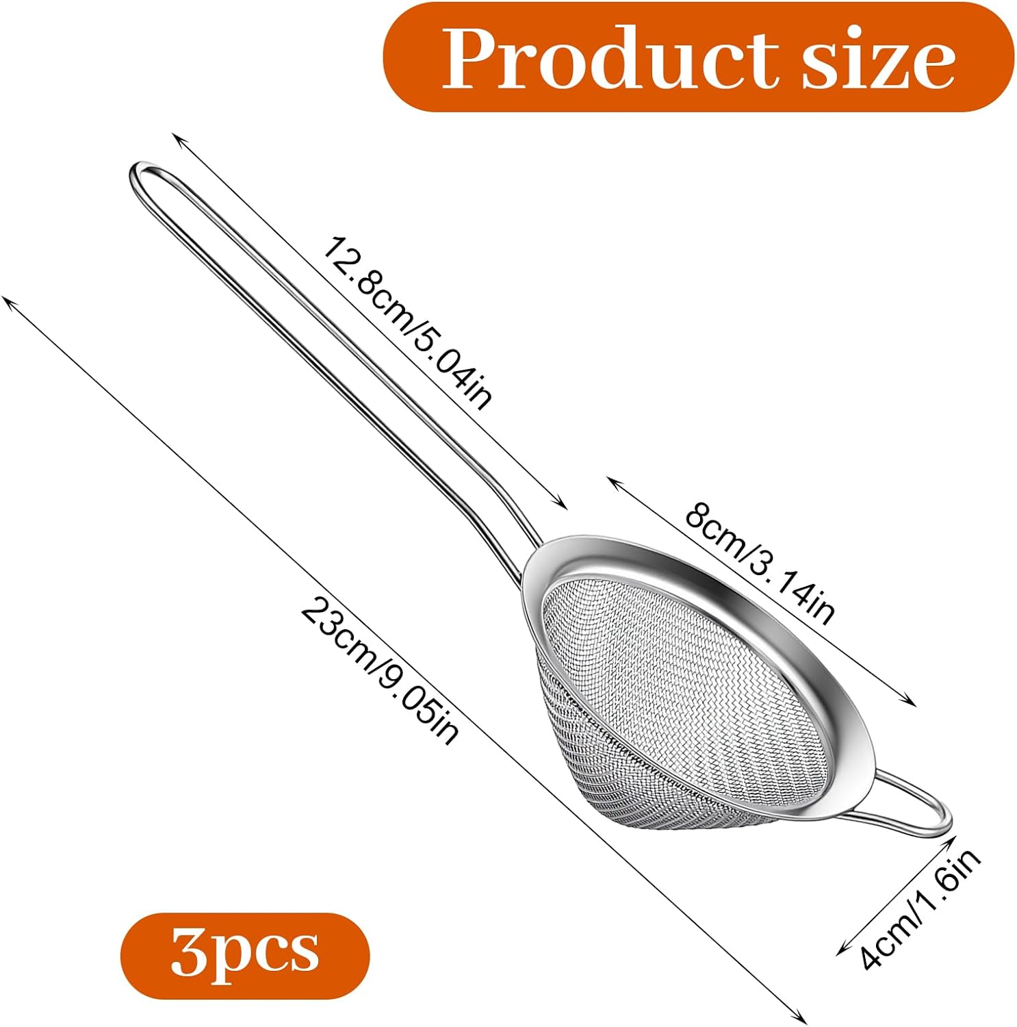 3 PCS Small Strainer, Stainless Steel Small Fine Mesh Strainer with Handle Sieve Sifter Tool for Kitchen Bar Food Loose Leaf Cocktail Juicing, Silver
