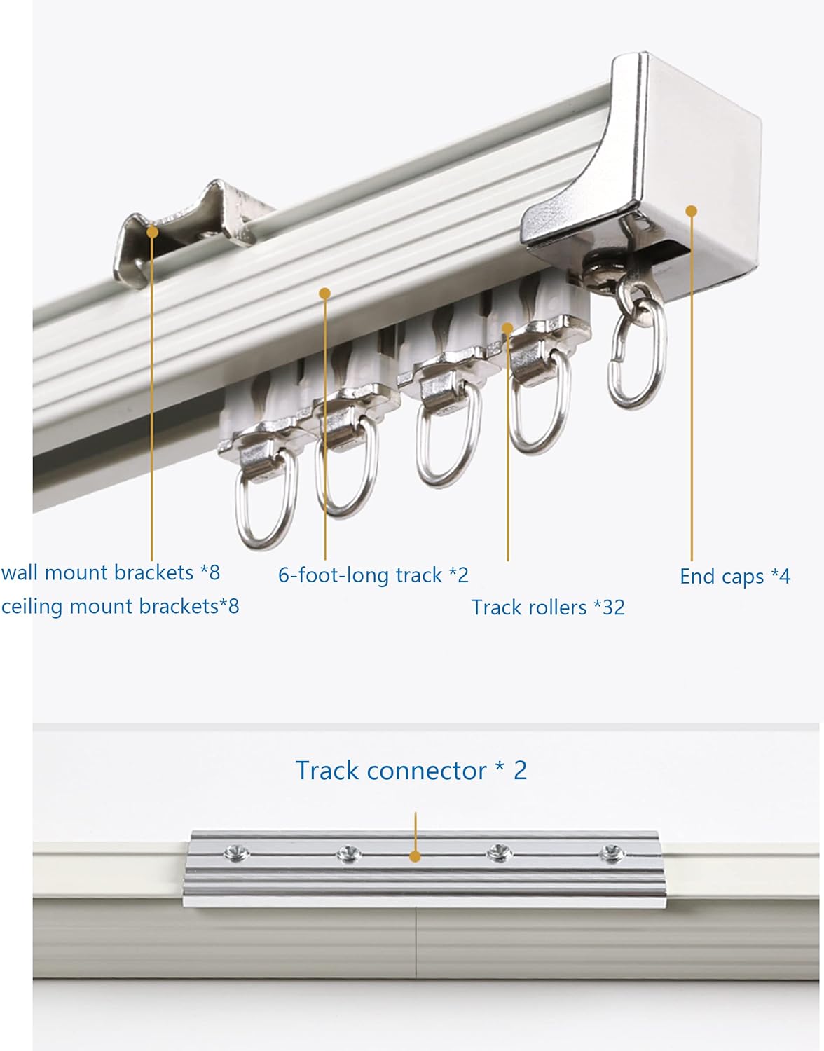 Ceiling Curtain Track Set,Room Divider Track, Shower Curtain Track Set with Hooks and All Accessories for Living Room, Bed Room, Closet and Sliding Door (For Spaces 6ft - 12ft Wide, White)