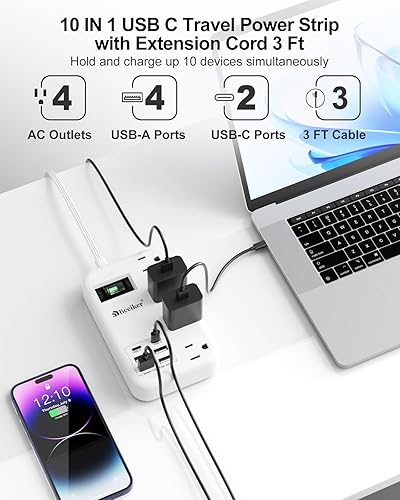 Miniatura 4 de Tira de alimentación de viaje con 6 USB (2 USB), cable de extensión de enchufe plano de 3 pies con estación de carga USB de 4.8 A 24 W y 4 tomas,