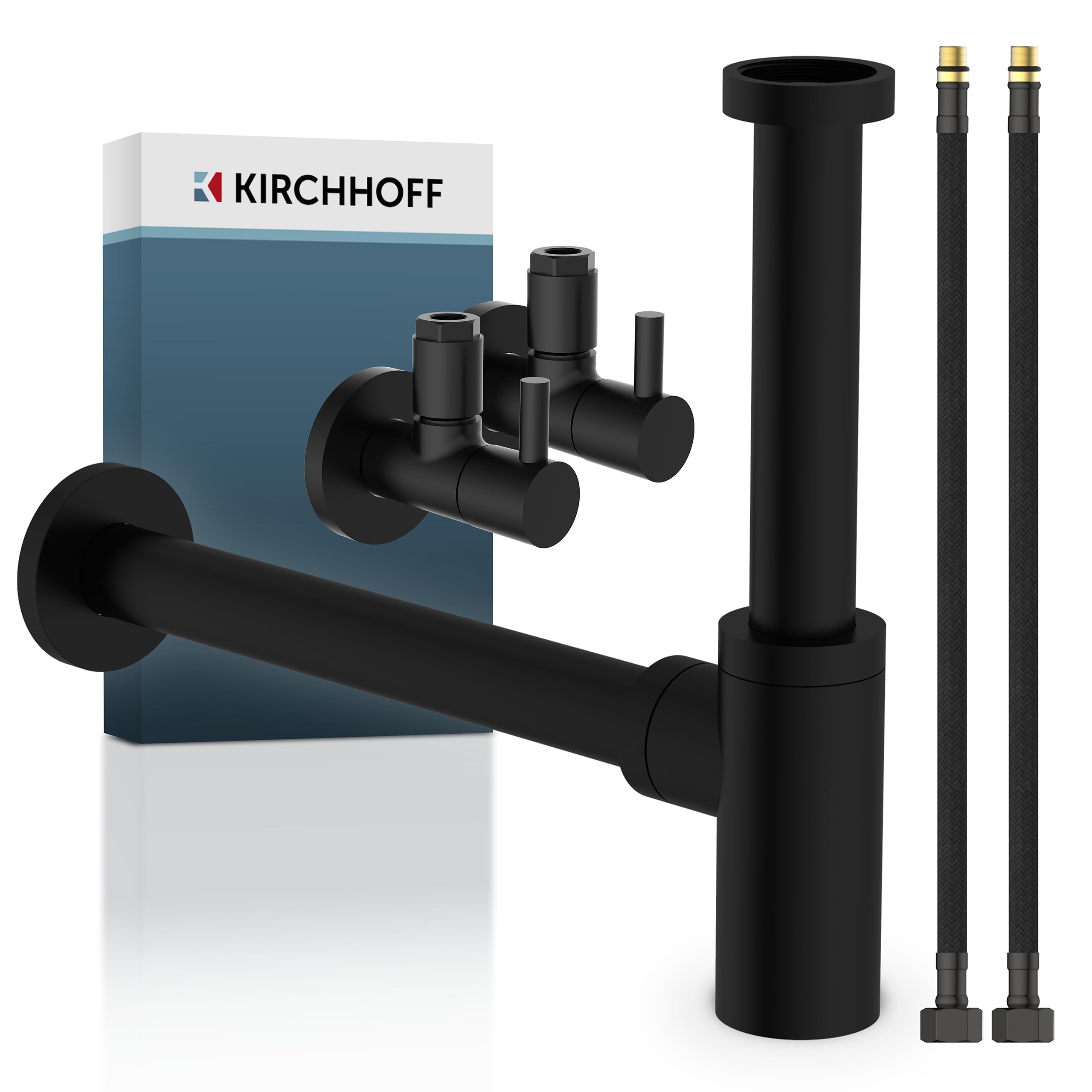 Bundle aus KIRCHHOFF Design Universal Eckventil mit Schnellverschluss + Design Siphon, Matt Schwarzer Abfluss, Ablaufgarnitur für Waschbecken + Flexibler Anschlussschlauch in schwarz
