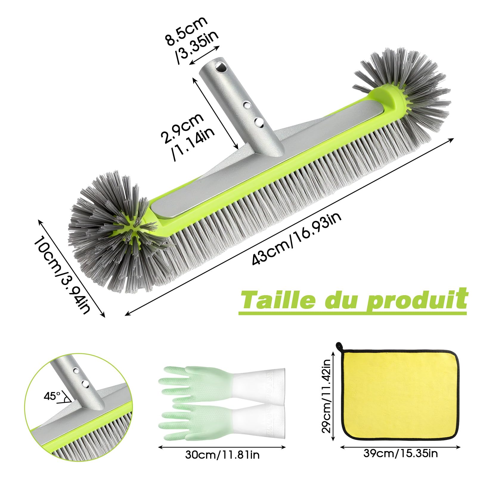 Brosse de Piscine Ronde, 43cm/17″ Balai Piscine Brosse avec Gants Antidérapants et Serviette Absorbante pour Carrelage, Murs & Coins Récalcitrants (sans Barre Télescopique)