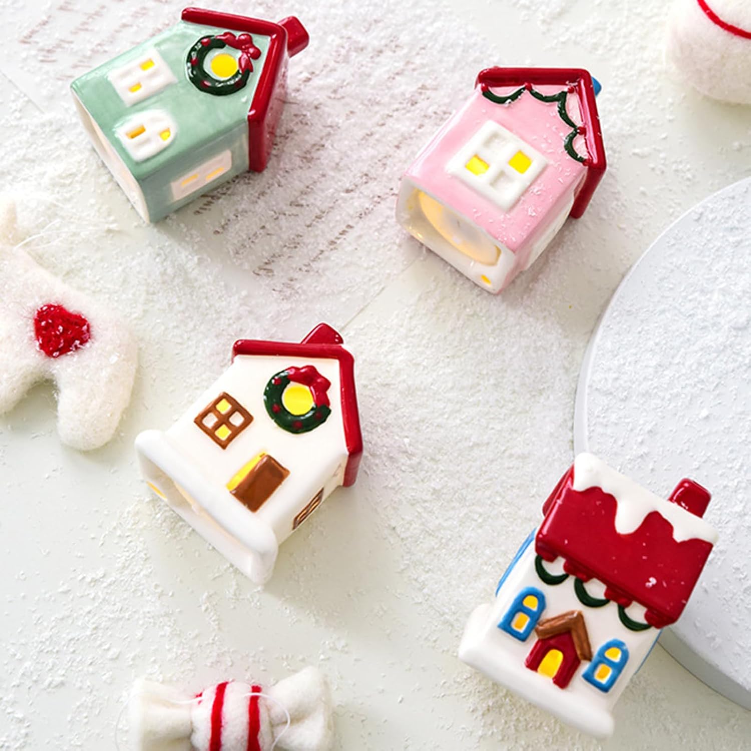 Ceramic Winter Village House Battery Powered Safe Display Piece Perfect Seasonal Gift Ready for Holiday Showcasing Light Green Macaron Ceramic Christmas House