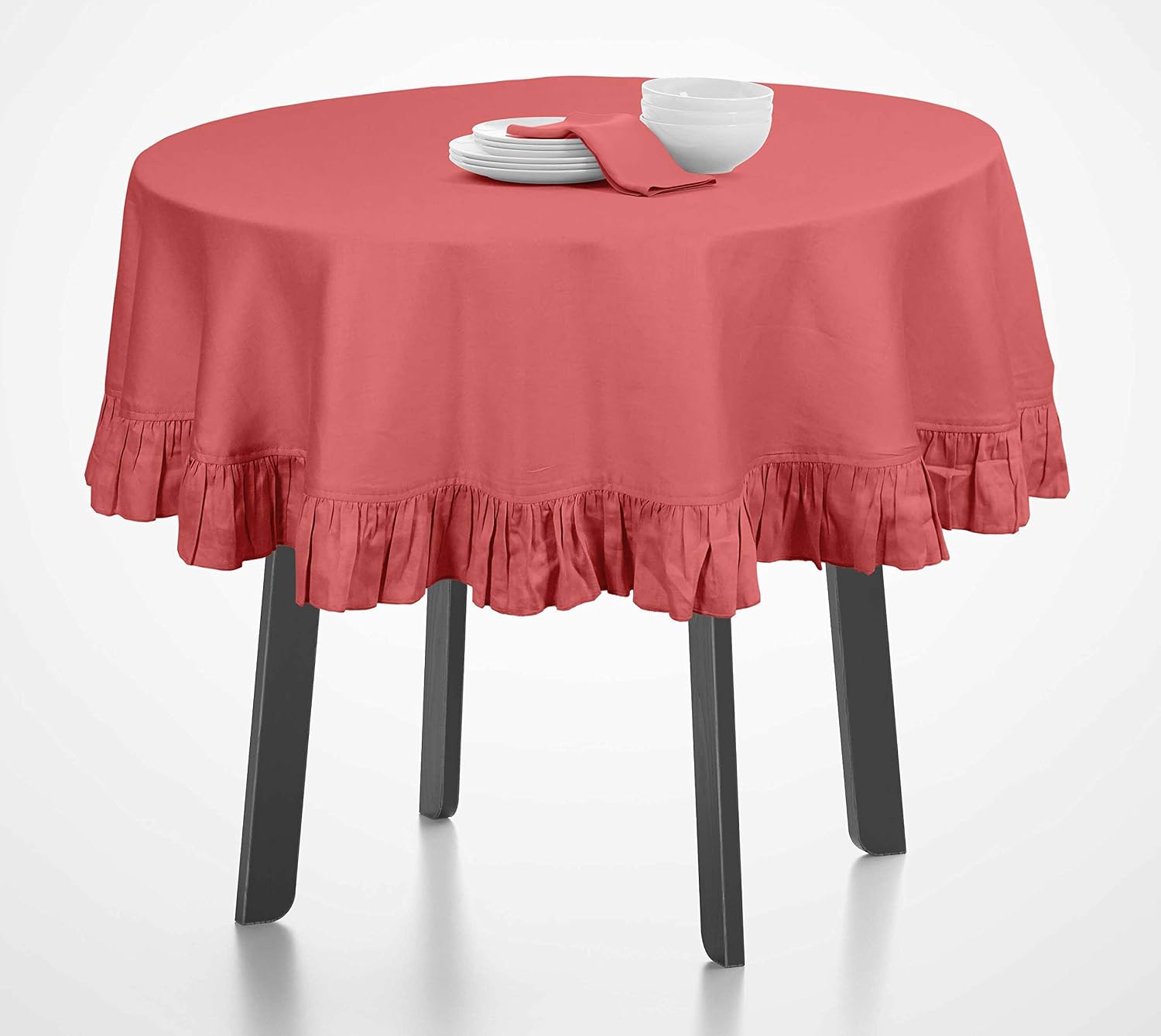 Cotton Table Linens Ruffle Tablecloth, Round Table Cover Protector Solid Tablecloth, Farmhouse Tabletop Washable, Salmon-54 Inches Diameter