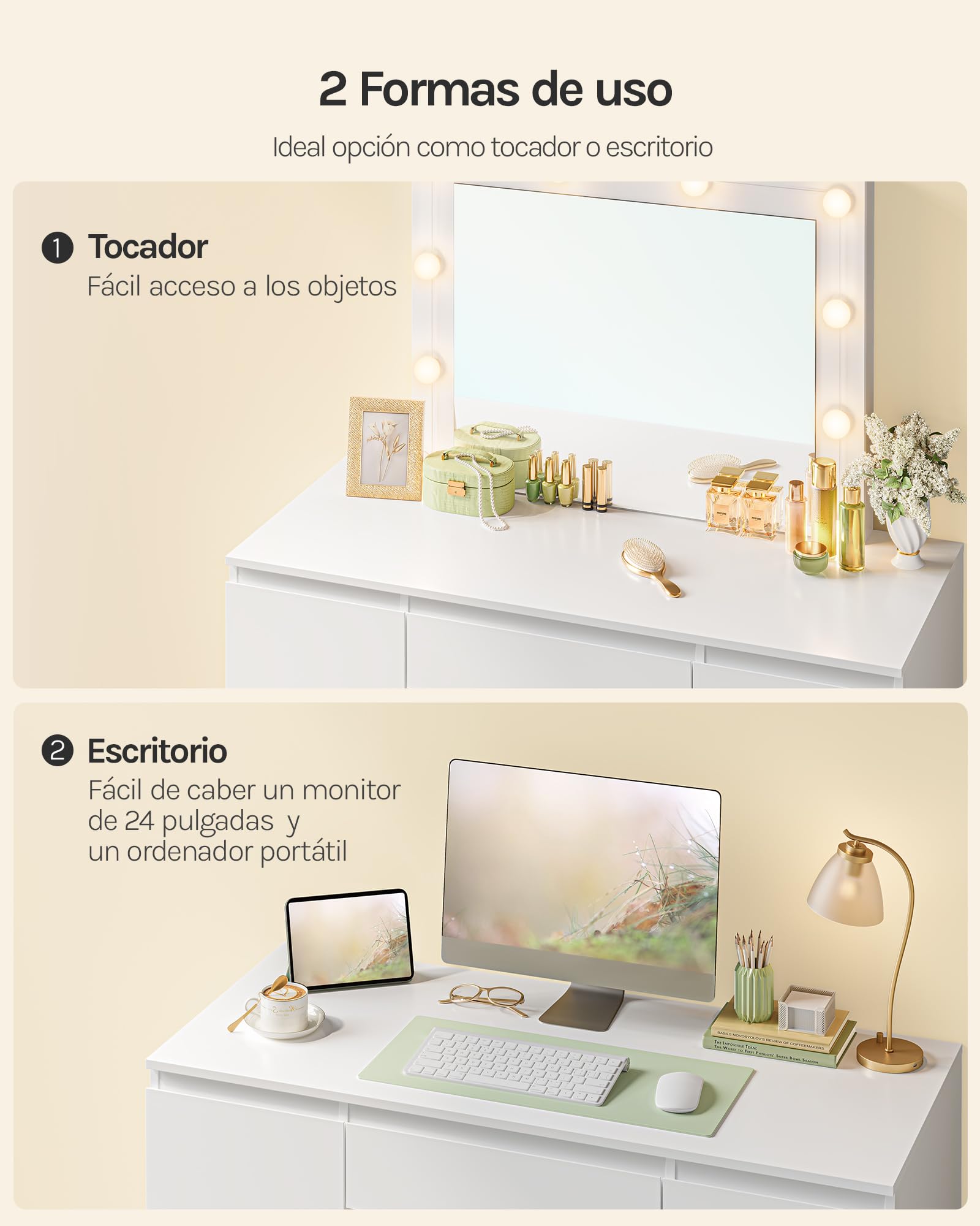WOLTU Vanity de Maquillaje, Tocador de Maquillaje con Taburete, Tocador con Espejo y Luz LED, Luz Ajustable, con 7 Cajones, para Dormitorio, Sala de Belleza y Vestidor, 107x39,5x140,5 cm, Blanco