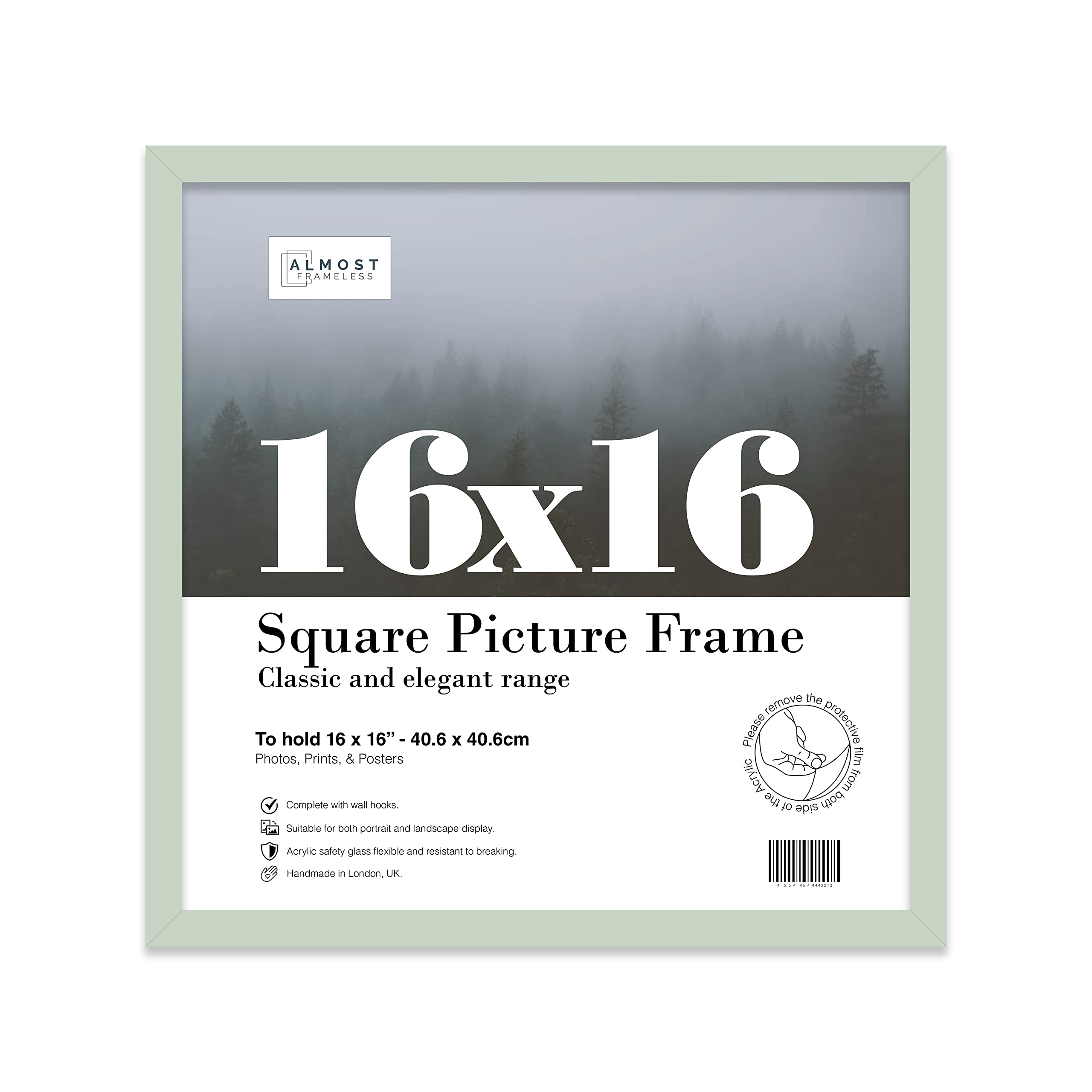 Almost Frameless 16x16 Mint Green Picture Frame 16"x16"(40.6x40.6cm) Poster, Photo, Artwork, or Print. Thin Edge Slim Frame Portrait and Landscape Display with Wall Hooks