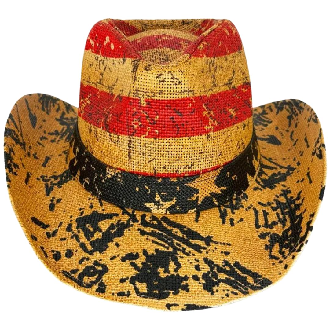 LOLELAI American Flag Cowboy Hat - Patriotic Paper Straw Western Hat for Men and Women (US, Alpha, Medium, Large, USA and Tea Stained)