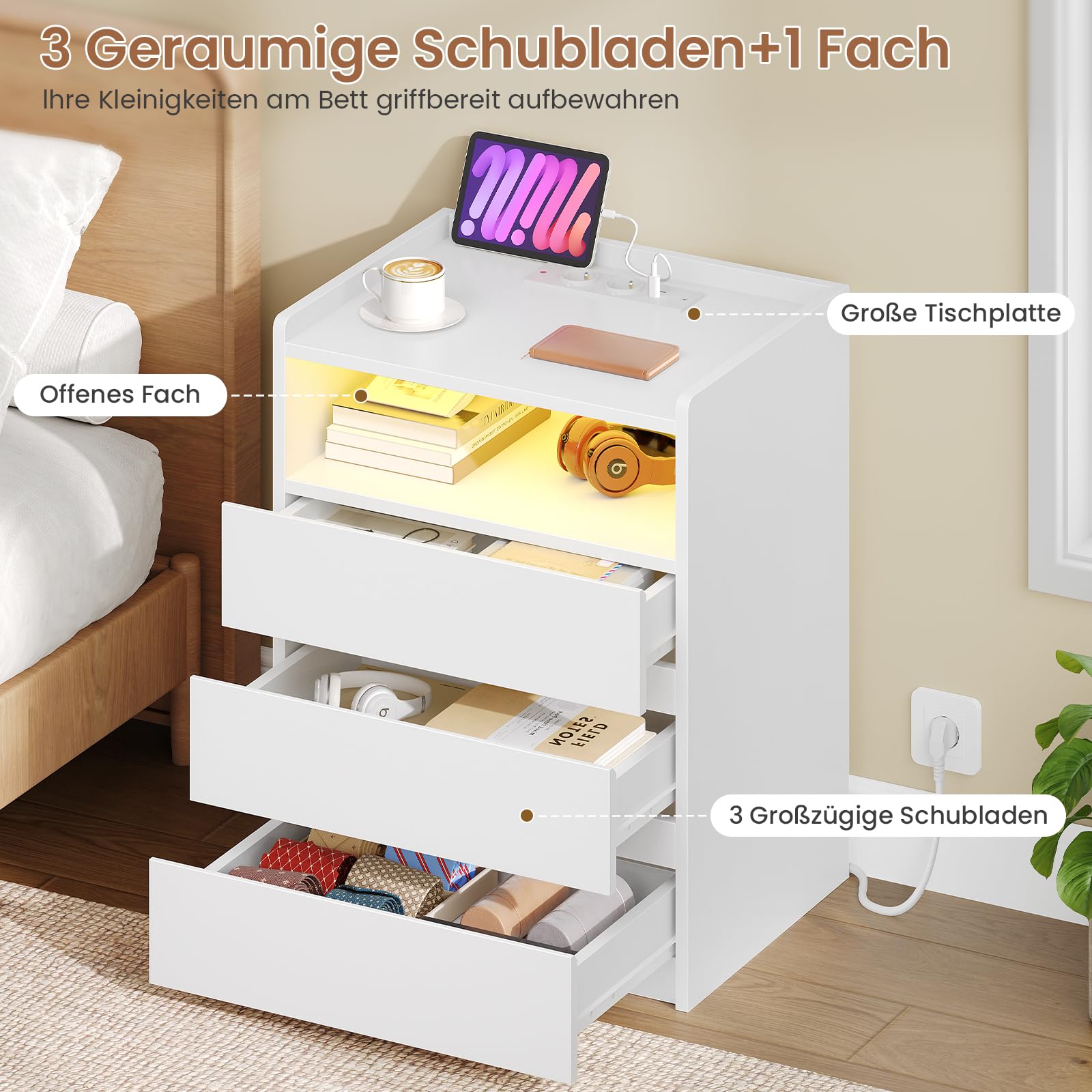 AOGLLATI Comodini Camera da Letto con Stazione di Ricarica e Luci LED, Tavolino con 3 Cassetti e 1 Ripiano Aperto, Comodini Moderni per Soggiorno e Camera da Letto,Bianco