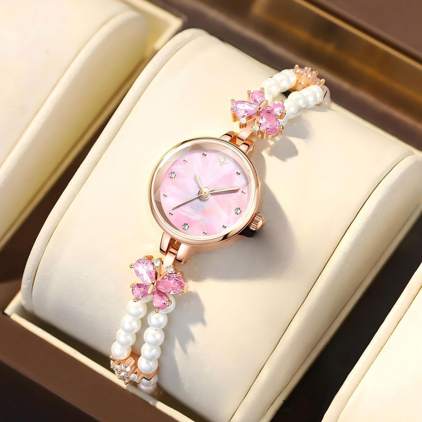 findtime Analoge Damenuhr 3ATM Wasserdicht Armbanduhr Damen Rund Quarzuhr Fraun Elegante Vintage Perlenarmband Exquisite Stylisches Uhr Für Frauen Schmuck Armreif Perlen Und Strass Design