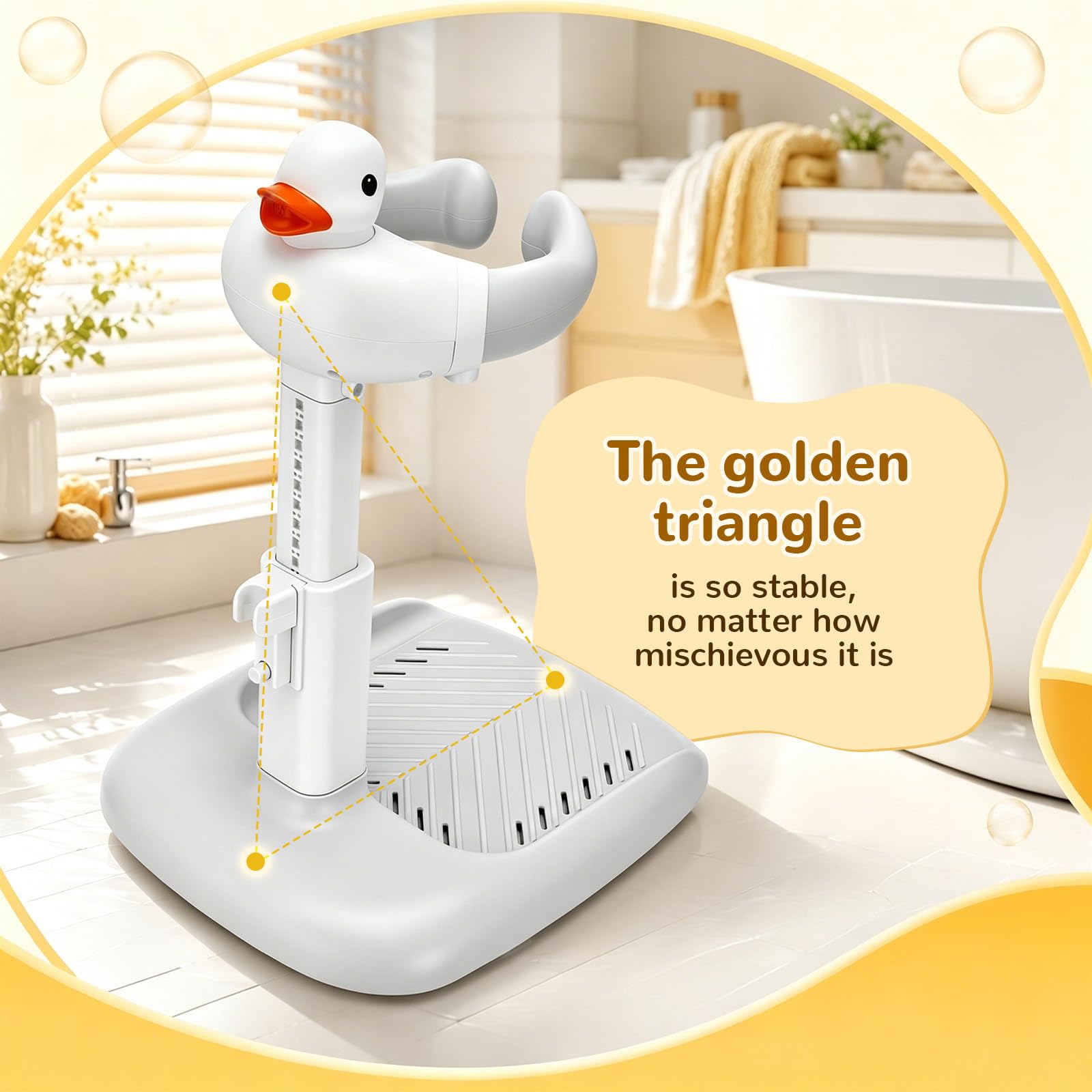 Supporto Doccia Bambini in Piedi con Bracciolo Semiautomatico, Altezza Regolabile 45-63 Cm, Sedile Doccia Antiscivolo, Schienale Ergonomico, Base Stabile, Include Papera Squittente (Grigio-Bianco)