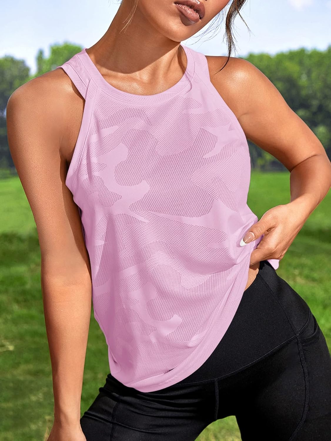 OYOANGLE Women's Camo Print Sleeveless Workout Shirts Exercise Running Tank Tops Active Gym Yoga Tank Top - Image 5