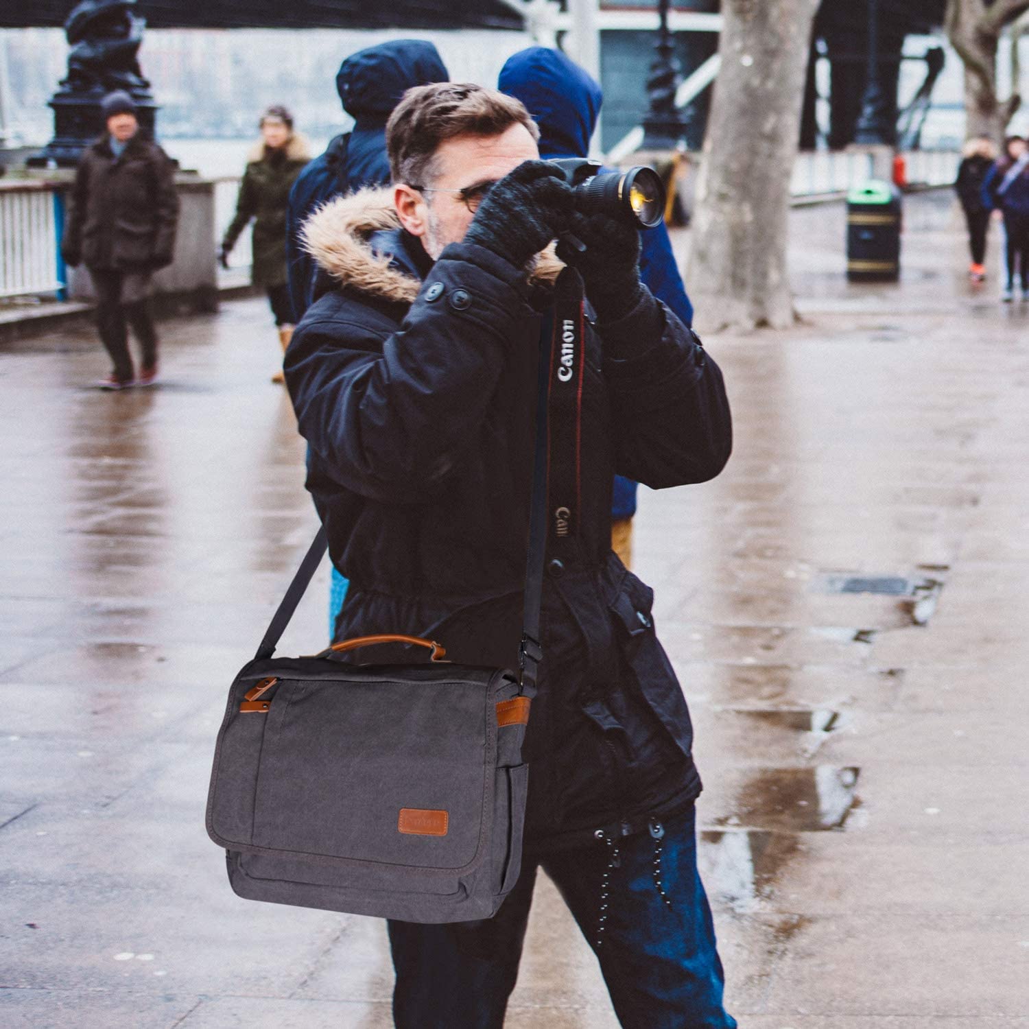 ESTARER Borsa a tracolla per fotocamere reflex digitali DSLR in tela vintage per Nikon, Canon, Sony, Panasonic, Sigma, Tamron, grigio, 15‘’, Modern