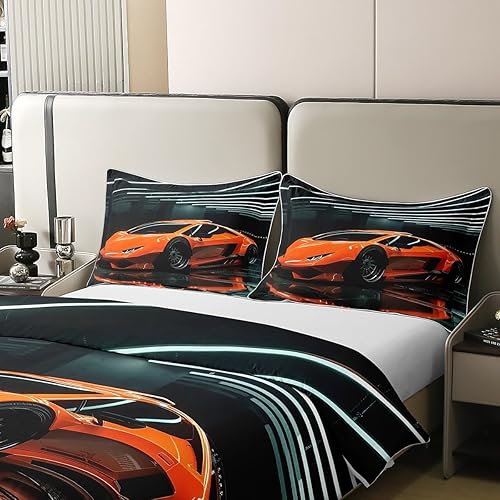 Miniatura 4 de Juego de sábanas tamaño King con cremallera para niños, ropa de cama de coche deportivo de carrera, 100% algodón, juego de sábanas temáticas de