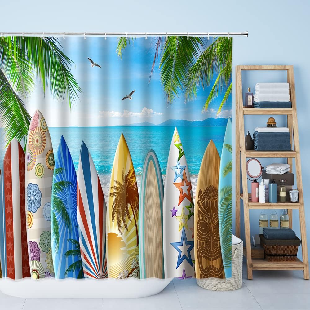 TFGGNDF Ocean Surfboard Shower Curtain Summer Tropical Palm