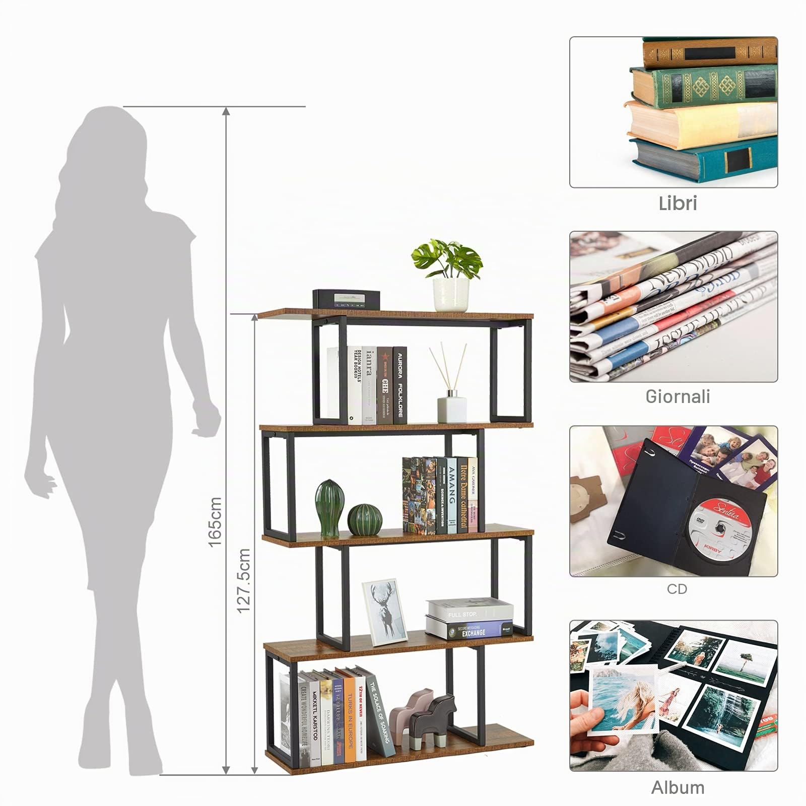 Mondeer Libreria a forma di S, Scaffale Portaoggetti, Libreria a 4 Ripiani, Libreria in Stile Industriale, con Struttura in Metallo, 76 x 24 x127.5cm, per Soggiorno e Ufficio, Marrone