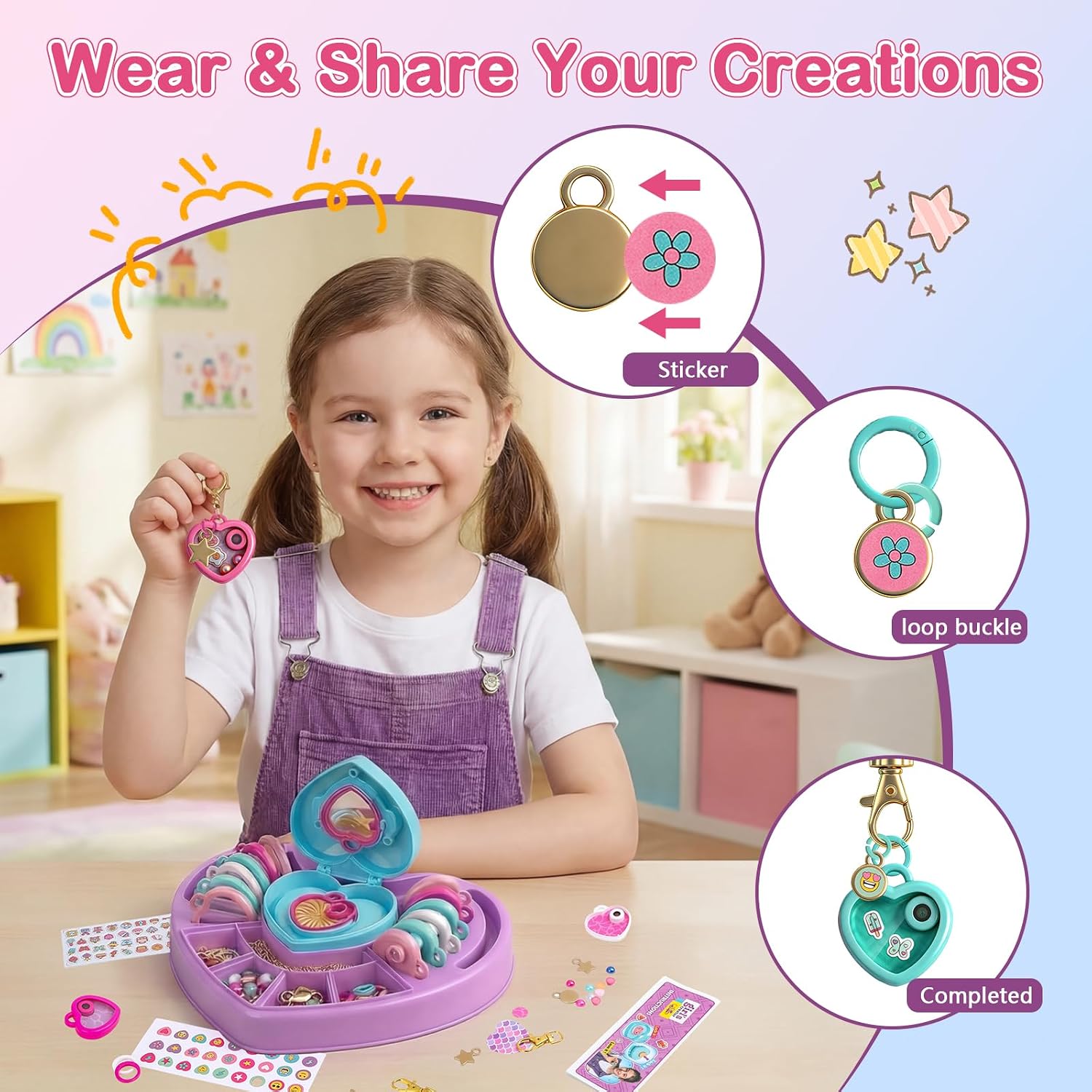 DIY Heart Locket Keychain Making Kit with Magic Zoom Beads, Gifts for Girls Ages 5 6 7 8 9 10, Toys for Girls Bag Charms Craft Set for Backpacks, Purses, Handbags, Valentines Party Favors Classroom