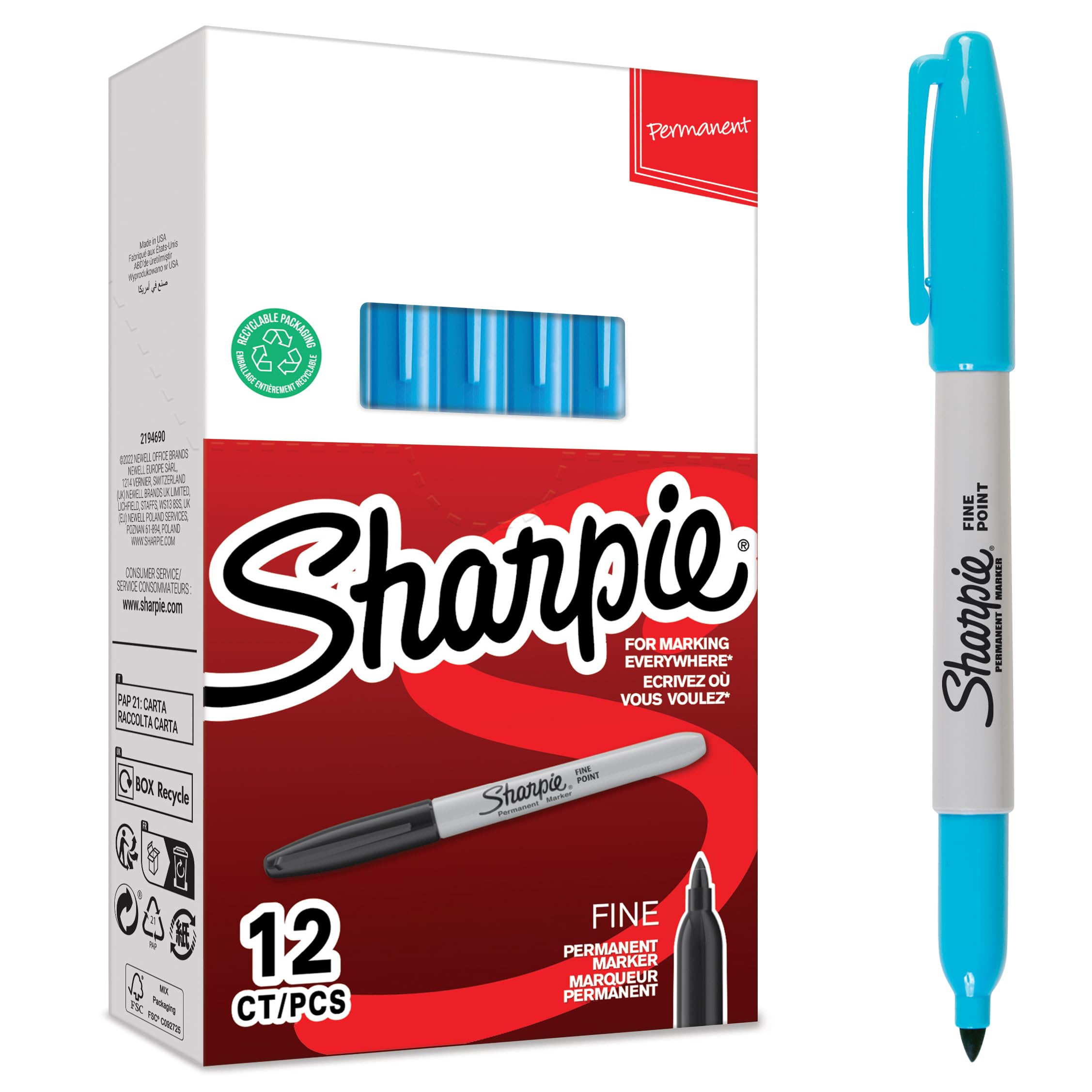 Sharpie Fine Marking Pen, 12 count, Bright Blue