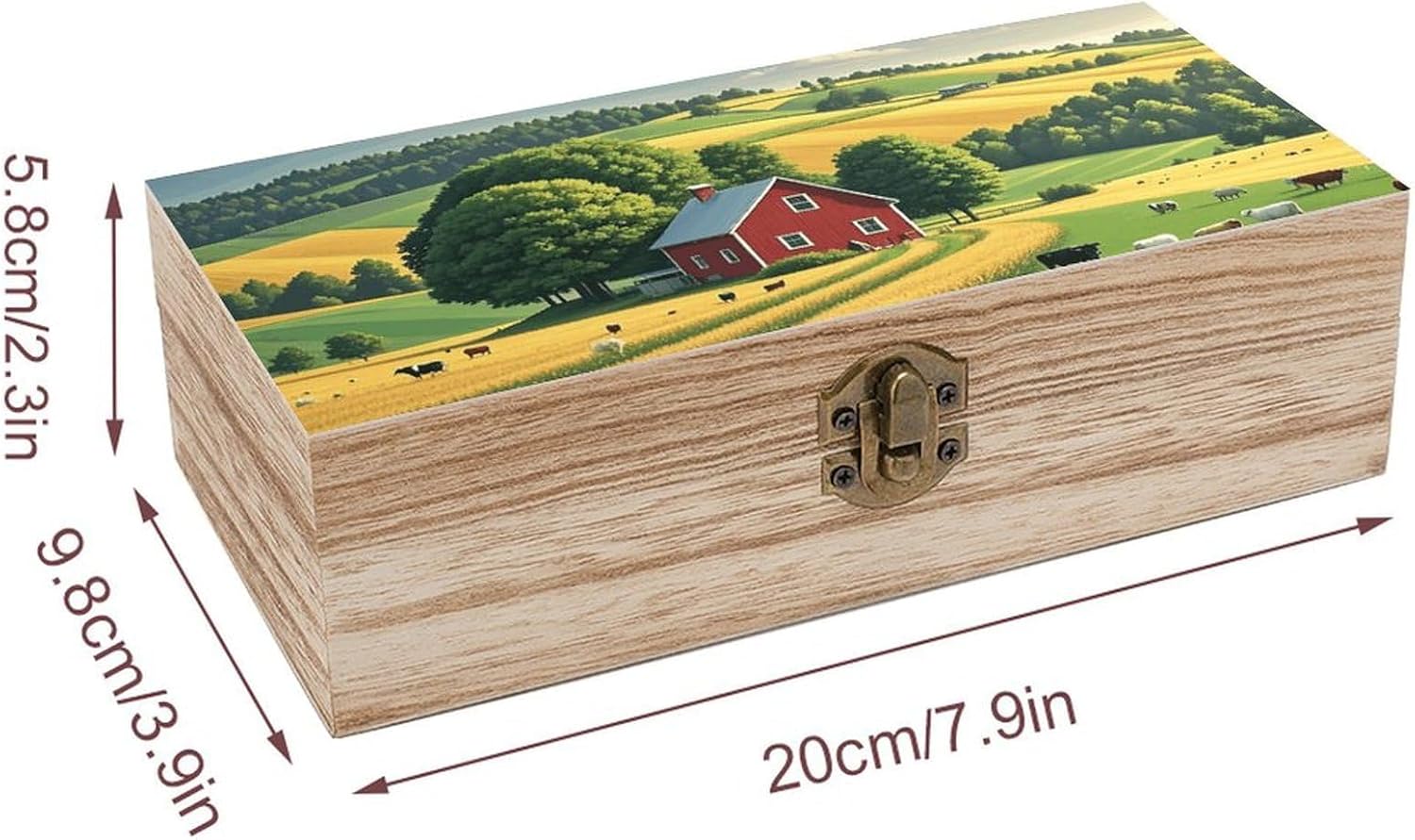 Country Farm Memory Jewelry Wooden Box, Large Wooden Treasure Chest Boxes with Hinged Lid, Photos Storage Case for Women Men, Wooden Keepsake Box, 7.9'' X 3.9'' X2.3''