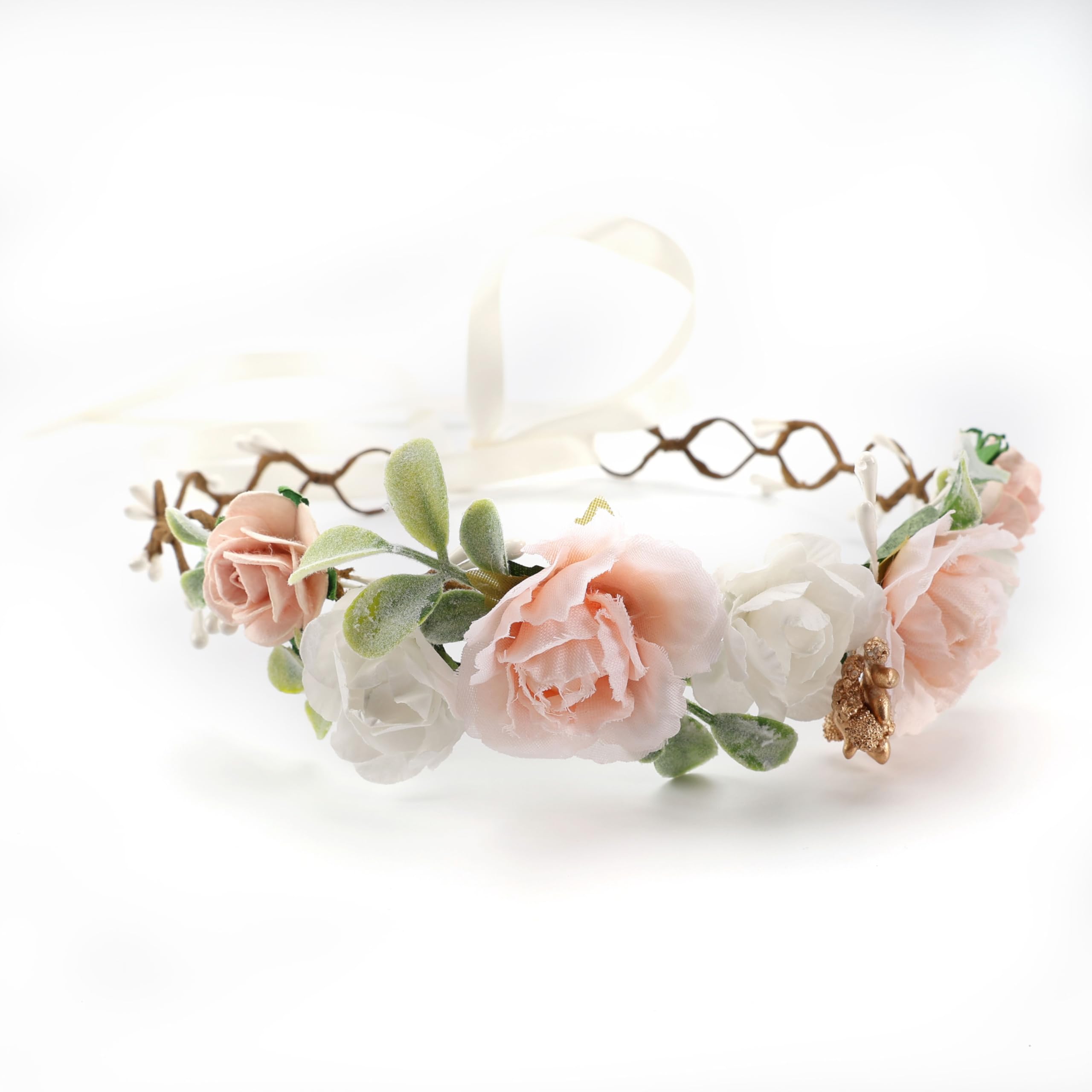 PoshMyra Flower Girl Flower Crown Peach Baby Girls Floral Headpieces Kids Headband Children Hair Wreath Photo Prop(43cm length)