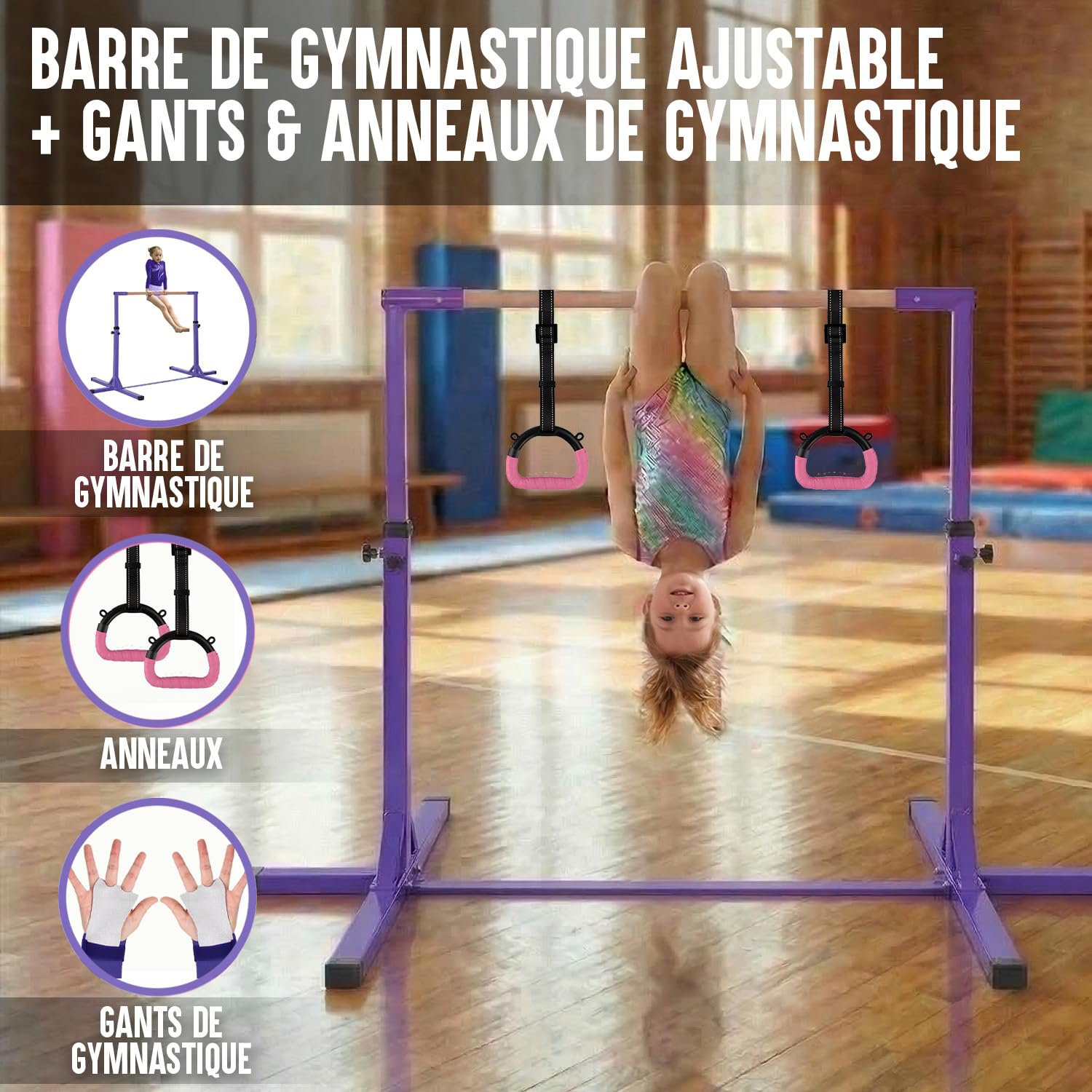 Gym Bar® Barre Gymnastique Enfant Violette + Anneaux Gym Roses | 13 Niveaux Ajustables 90-150 cm | Acier et Bois Hêtre | Sangles Réglables Antidérapantes | Fitness Intérieur Extérieur | Aerobik