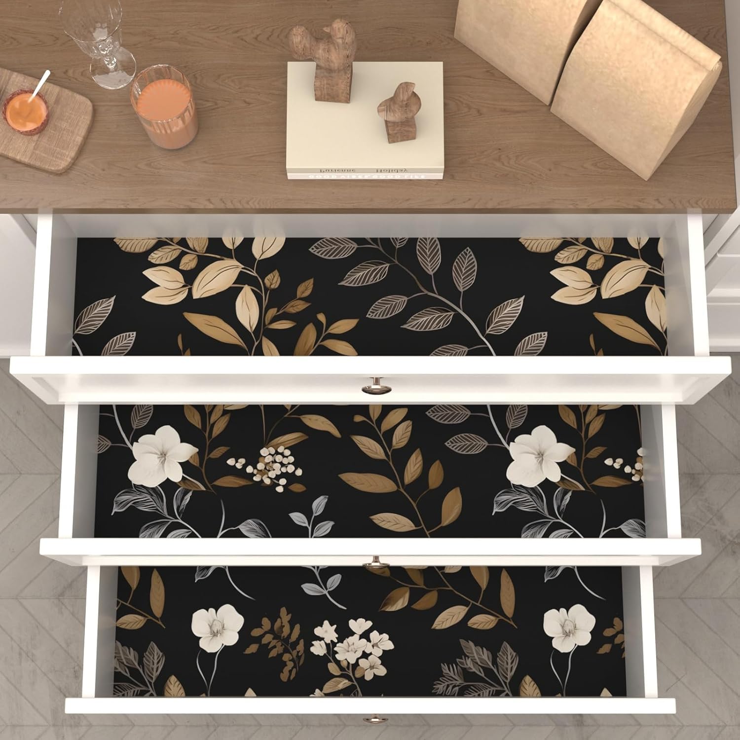 Vintage Wallpaper Peel and Stick Black Floral Wall paper 17.5'' x 393'' Gold Leaf Contact Paper Waterproof Self Adhesive Removable Modern Boho Walls Murals for Bedroom Cabinets Kitchen Locker Drawer