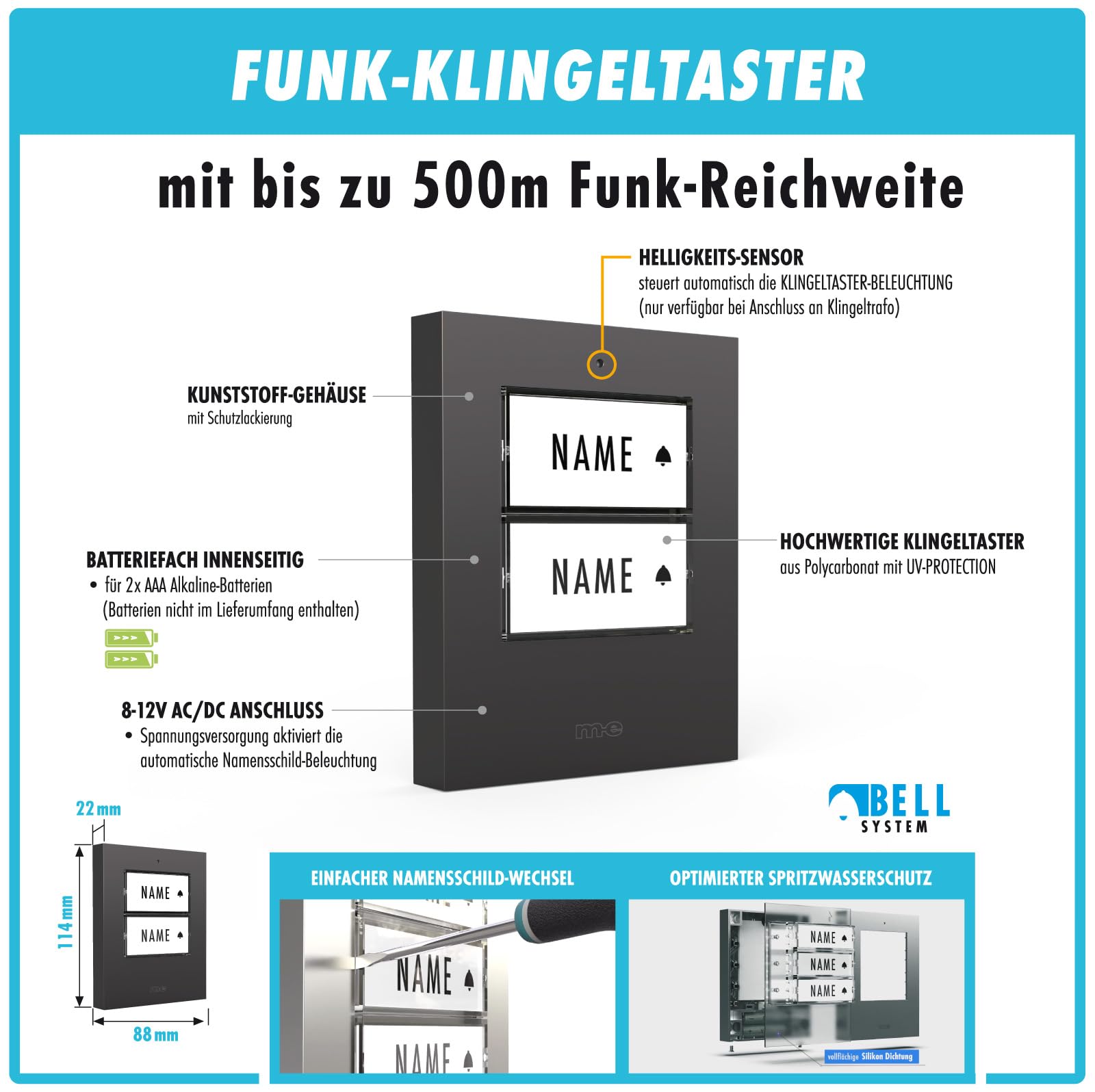 m-e Funkklingel BELL-522 BO Anthrazit mit Sender und Empfänger für 2-Familienhaus, Erweiterbare kabellose Türklingel mit 500 Meter Reichweite, Türglocke für Batteriebetrieb