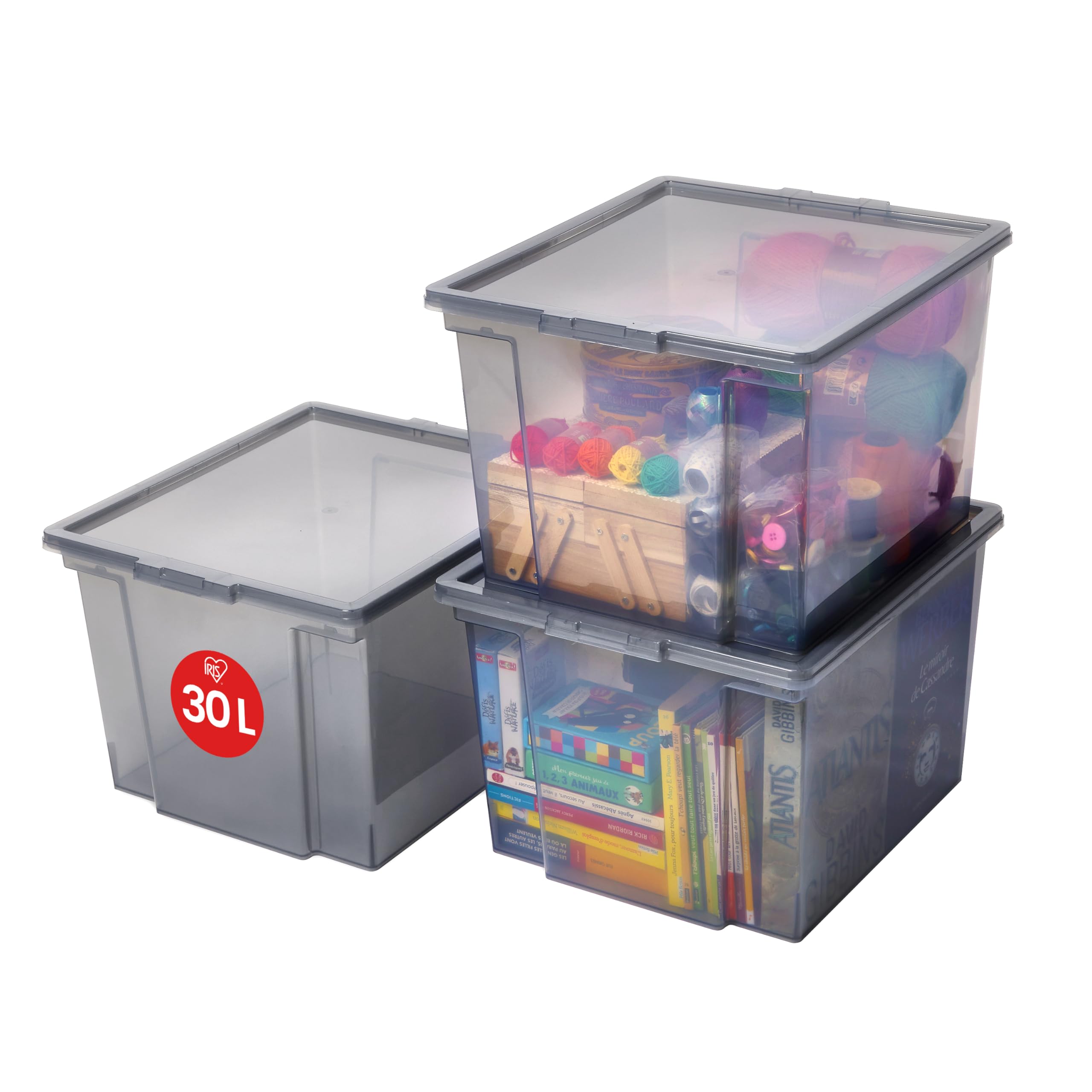 Iris Ohyama Vielseitige Aufbewahrungsbox mit Deckel, Stapelboxen, 30L, 3er-Set, Grau, Stapelbar, Plastik, Für Schrank, Regale, Organisation, Kleidung, Bettlaken, Plastikbox mit Deckel, USB-M