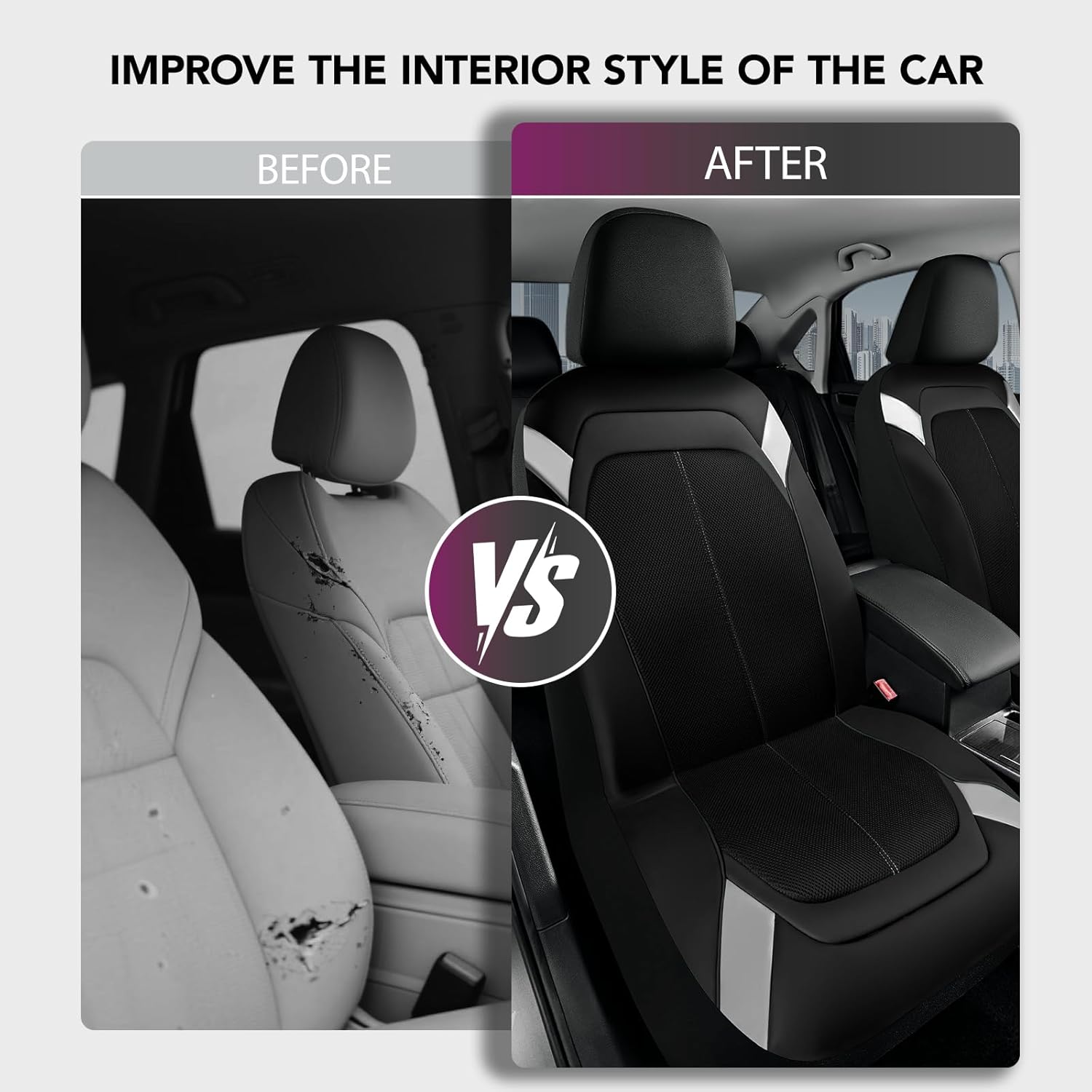 PIC AUTO Car Seat Cover – Silver & Black Leather with Breathable Mesh Seat Cover for Cars, Stylish Two-Tone Leather Front Seat Covers, Universal Fit, Durable for SUV, Truck, Sedan, Vehicles