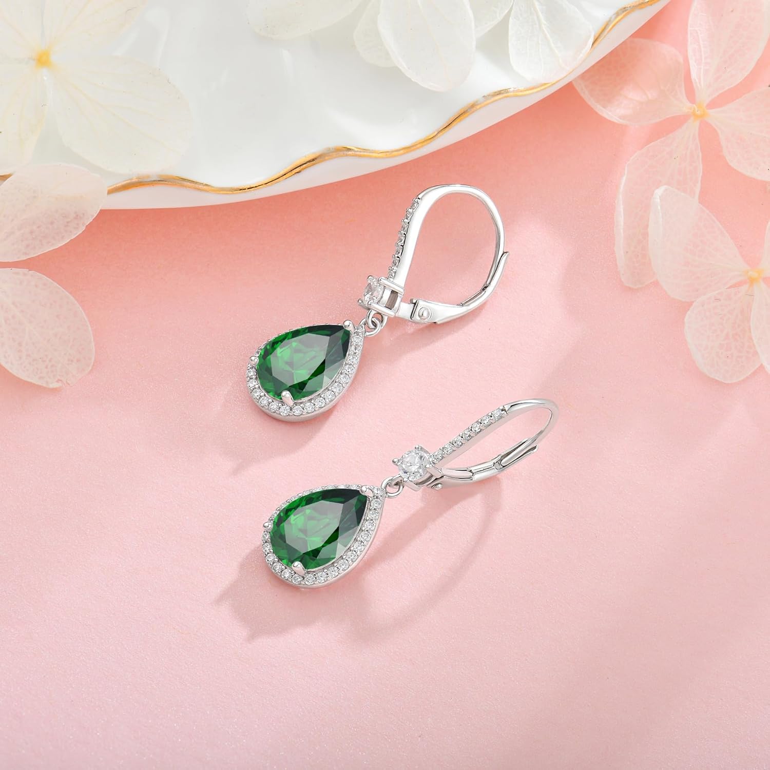 Teardrop Leverback Birthstone Earrings for Women 925 Sterling Silver 5A Cubic Zircon Dangle Drop Birthstone Earrings Jewelry Anniversary Birthday Christmas Gifts for Her - Image 4