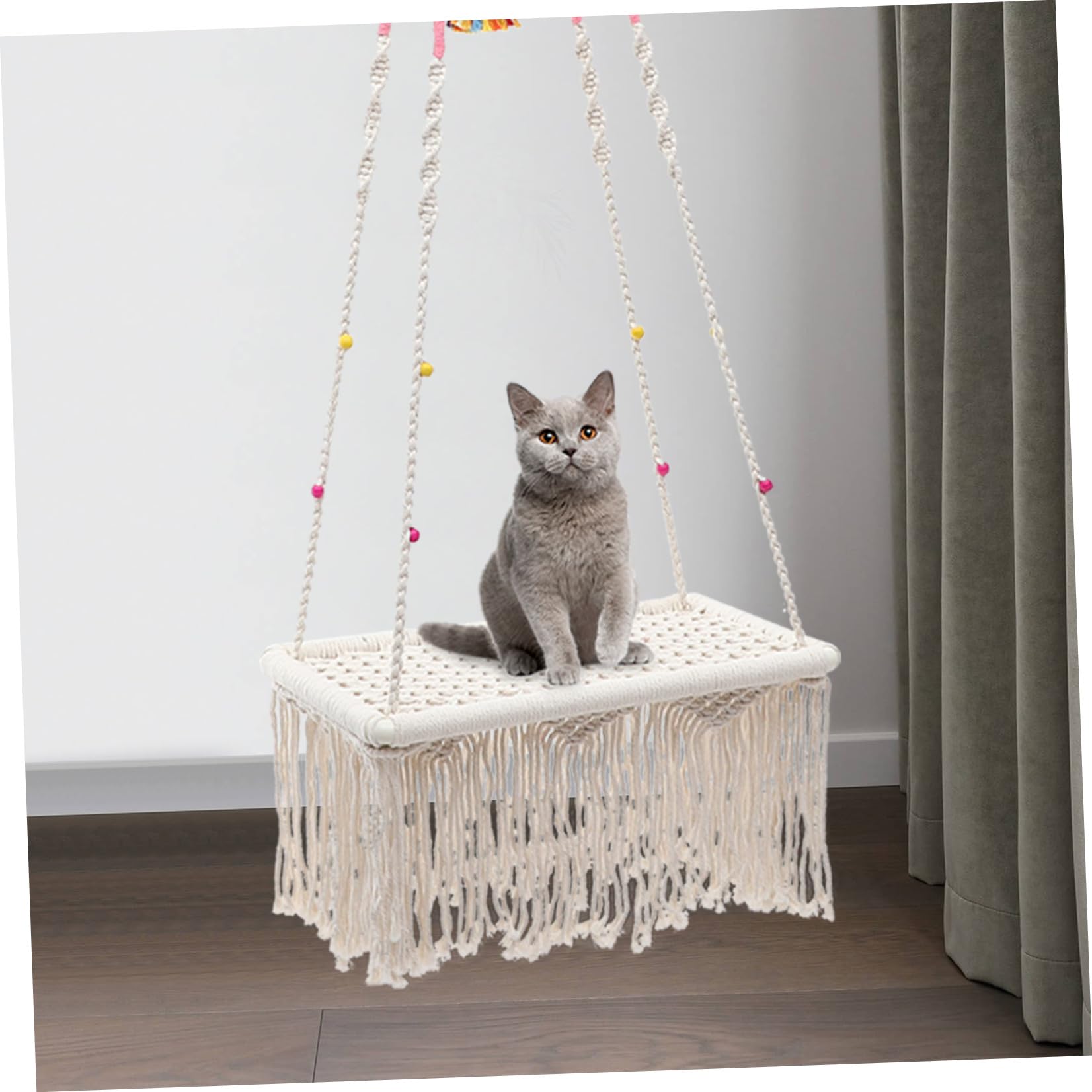 Veemoon Amaca per Gatti Sospesa in Corda di Cotone Beige, Decorativa e Facile da Lavare, Design Bohemien Intrecciato a Mano per Cuccioli e Uso Interno