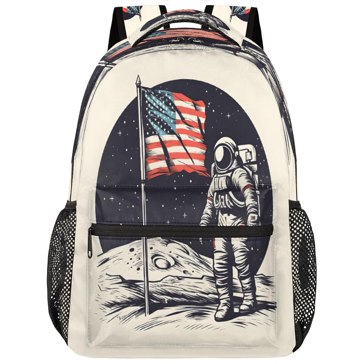 Moon Astronaut American Flag Kids Backpack Lightweight School Bookbag Large Capacity Laptop Backpack Water Resistant Daypack Shoulder Bag