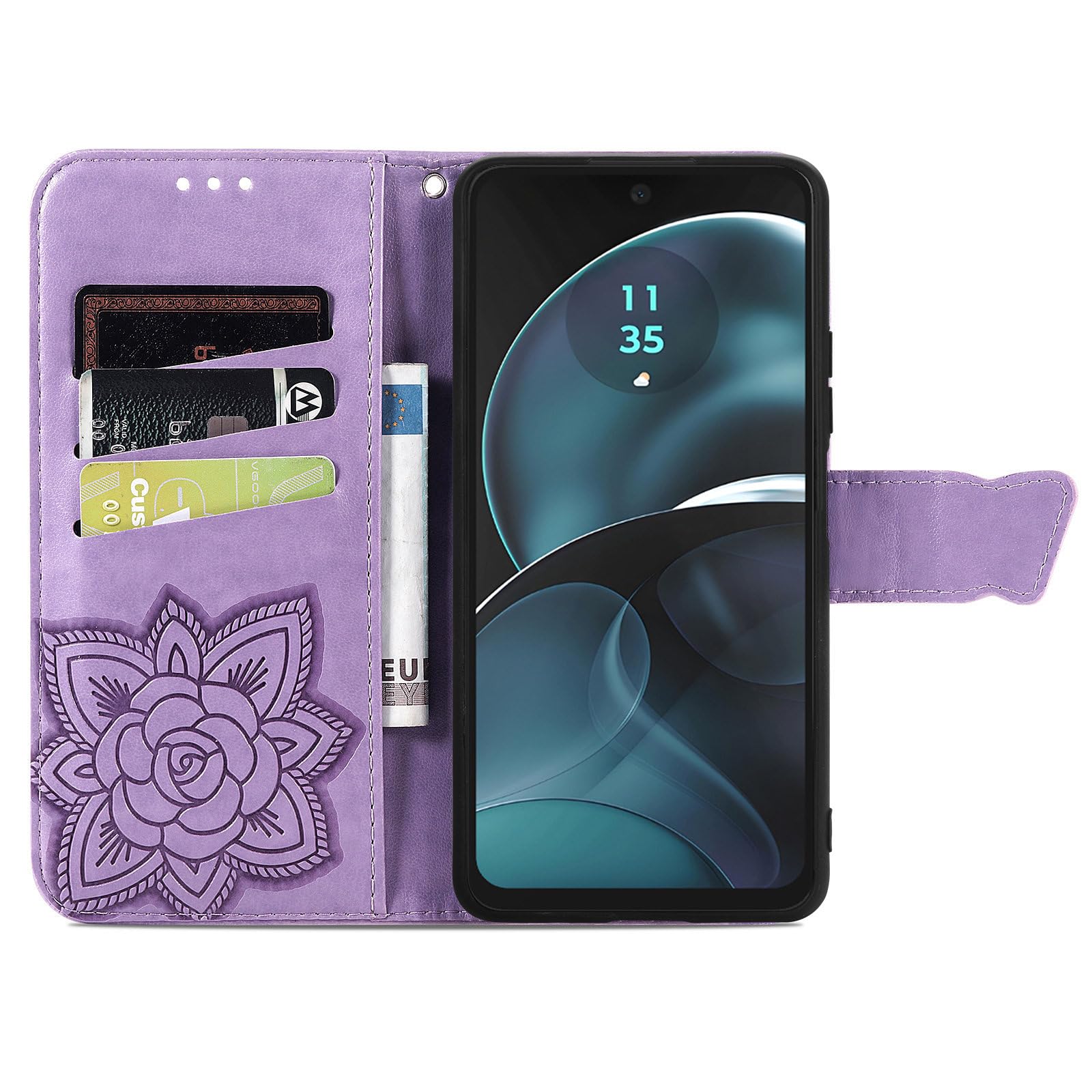 JIUNINE Cover per Motorola Moto G14, Custodia Libro in Pelle Portafoglio Case Flip Antiurto con Disegni di Farfalla [Porta Carte] [Magnetica] [Interno TPU] per Motorola Moto G14, Viola