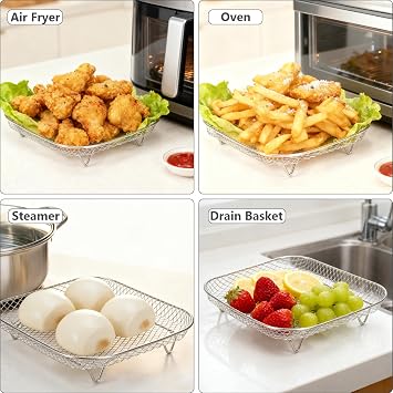 3pcs Square Air Fryer Rack, 8 inch Stainless Steel Stackable Air Fryer Basket Square Air Fryer Grill Rack Air Fryer Accessories for Cosori, Instant Vortex, Ninja Airfryer