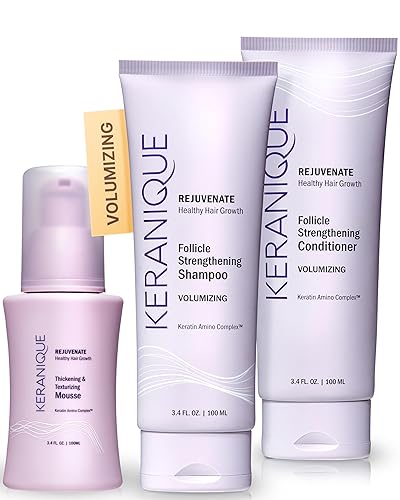 Keranique Juego de champú y acondicionador voluminizador con mousse espesante, kit de volumen enriquecido con queratina para cabello fino, dañado y