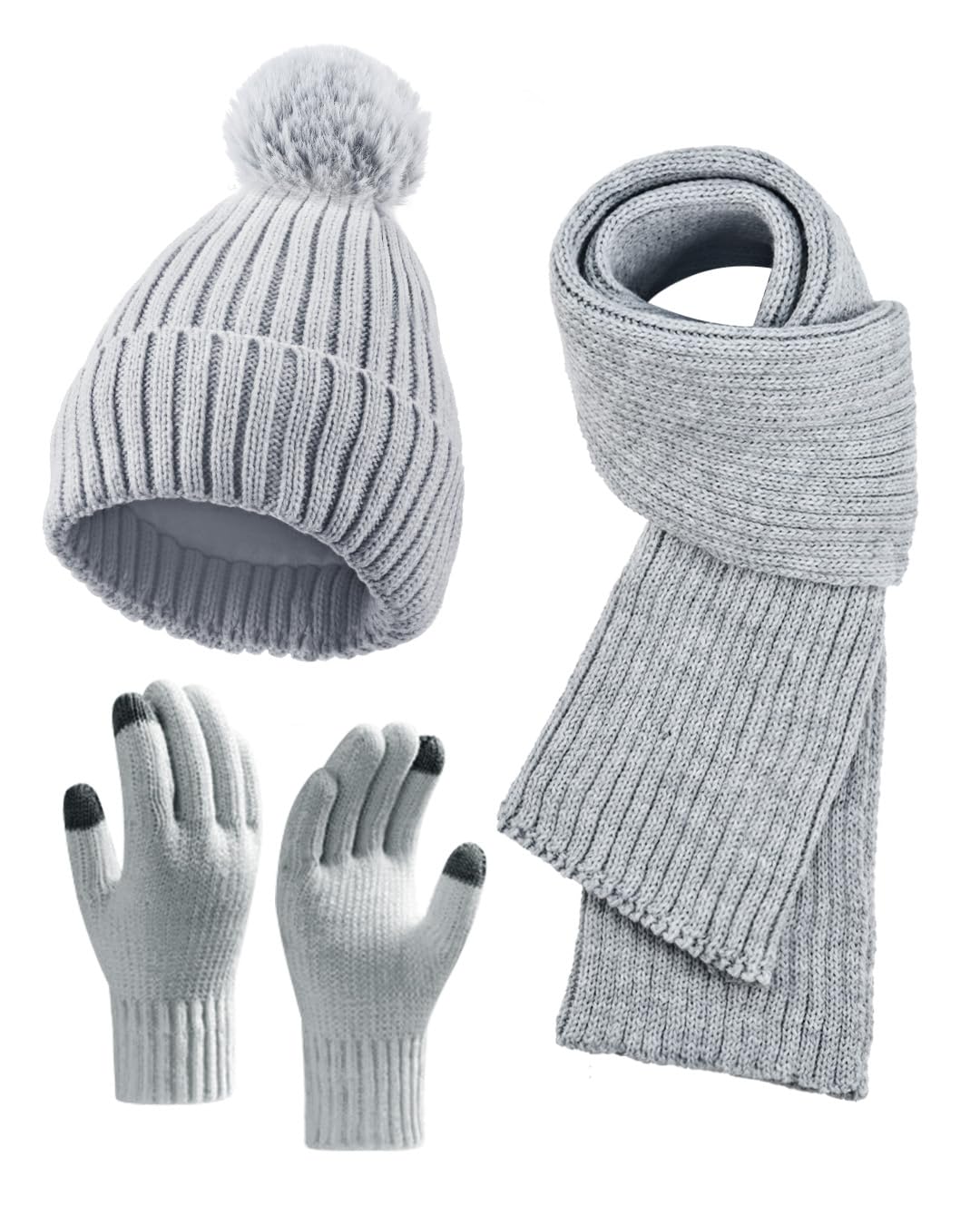 Winter Beanie Hat Scarf Gloves Set for Women, Fleece Knit PomPom Beanie Neck Warmer Long Scarf Touchscreen Gloves 3 in 1 Set(Grey)