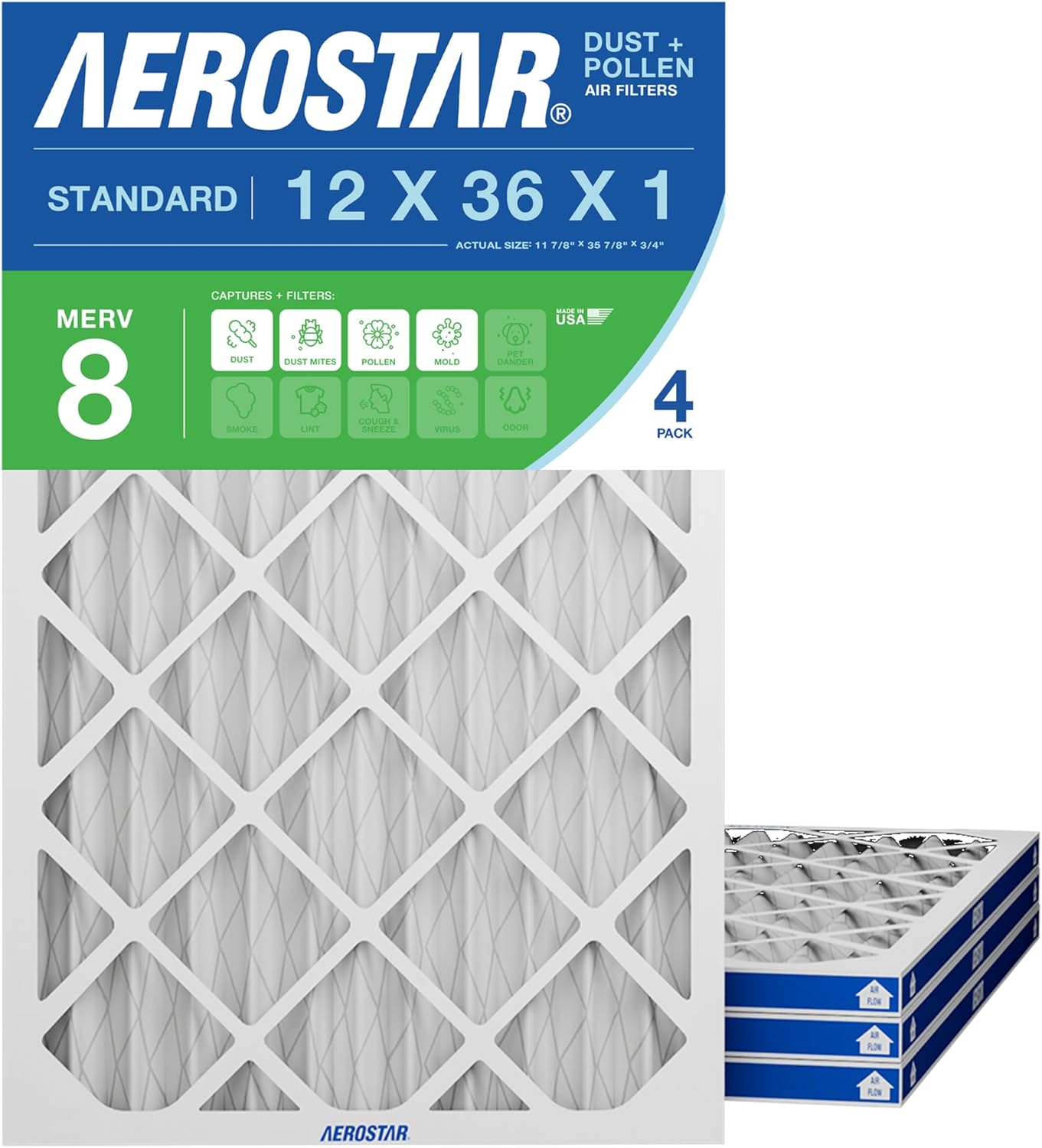 Aerostar 12x36x1 MERV 8, Pleated Air Filter, 11 7/8'' x 35 7/8'' x 3/4'', Box of 4