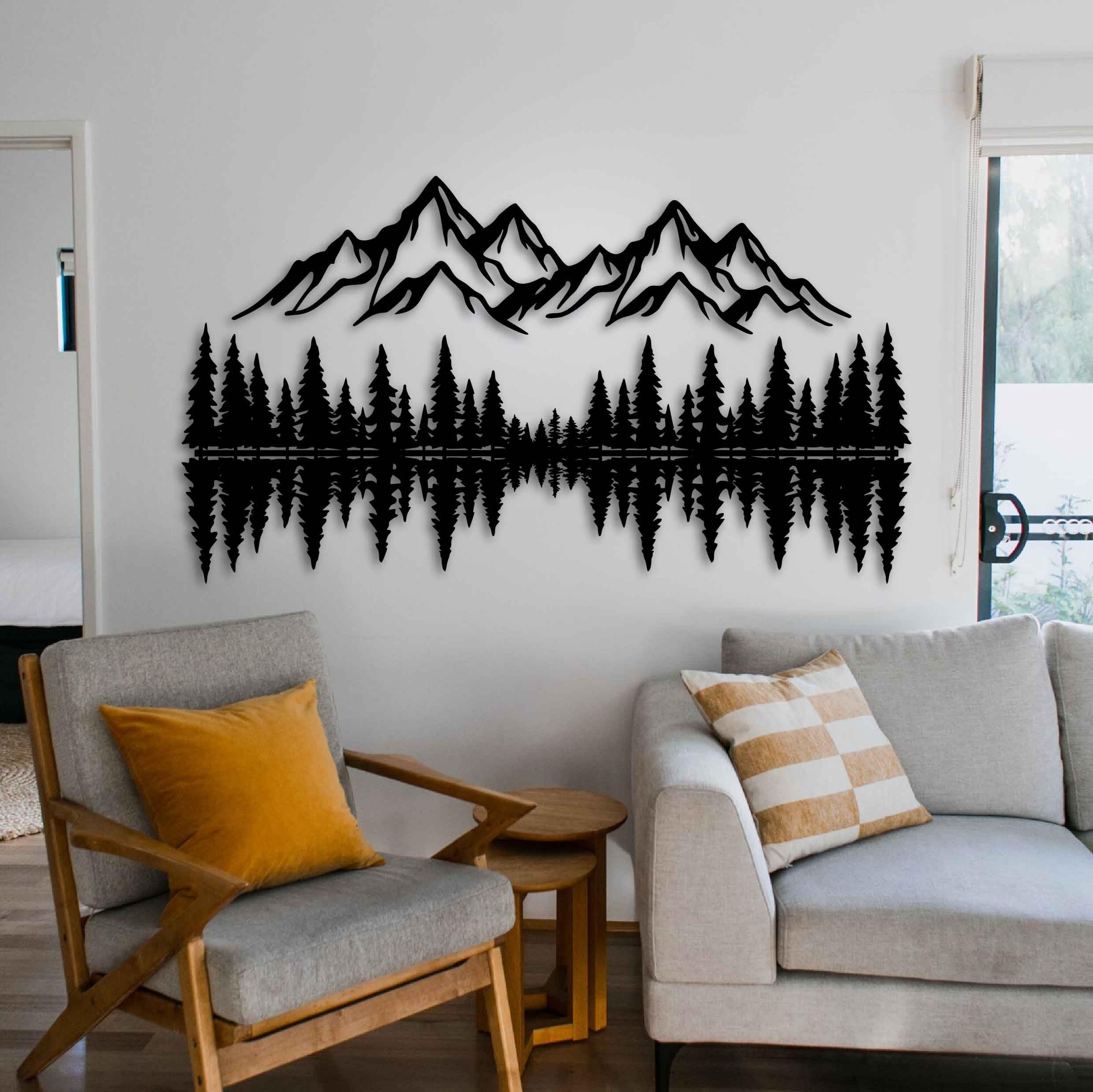 Decoración de pared de metal de montaña y bosque, escultura de pared de metal grande para sala de estar, arte de pared de paisaje, decoración de pared de pino, escena rústica de montaña, colgante de