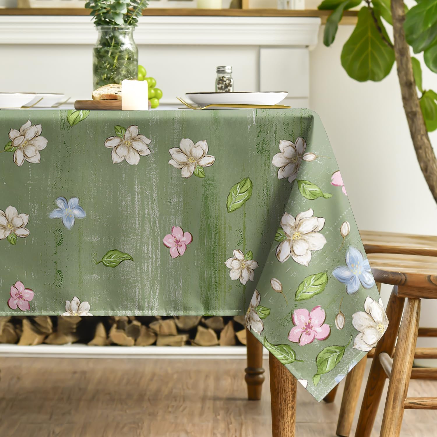 Horaldaily Spring Tablecloth 60×84 Inch Rectangular, Elegant Turquoise Magnolia Flower Washable Seasonal Table Cover for Party Picnic Dinner Decor - Image 3