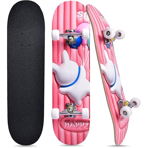 Skateboards for Beginners Kids Boys Girls Teens and Adults, 31 Inch Complete Standard Skateboards with 7-Layer Maple Double Kick Deck Unicorn and Skull Design