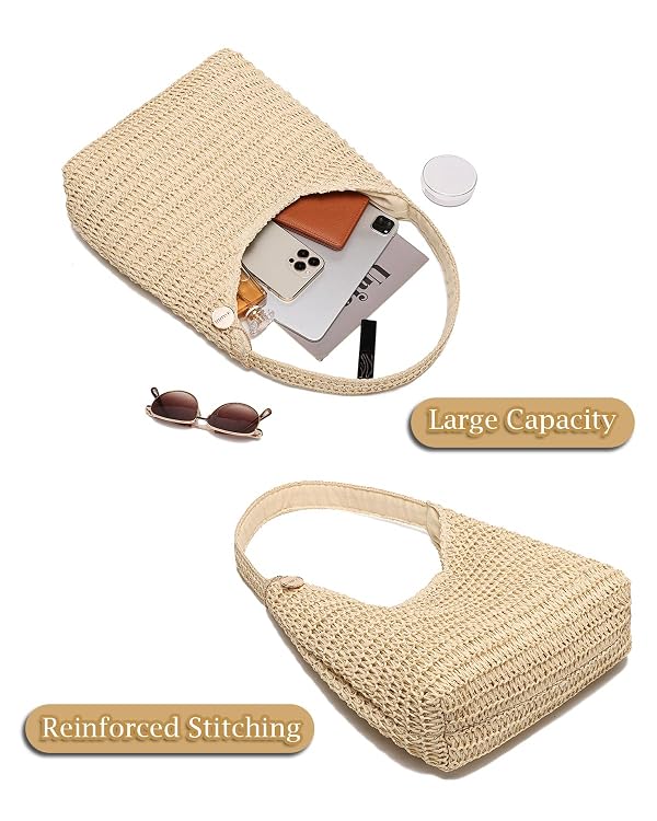 SUANNI Beige Straw Beach Bag for women, Woven Tote Hobo Bags, Lightweight Casual Boho Summer Shoulder Handbag, Packable Mesh Everyday Purse for Holiday Shopping Travel by SUANNI - Image 5