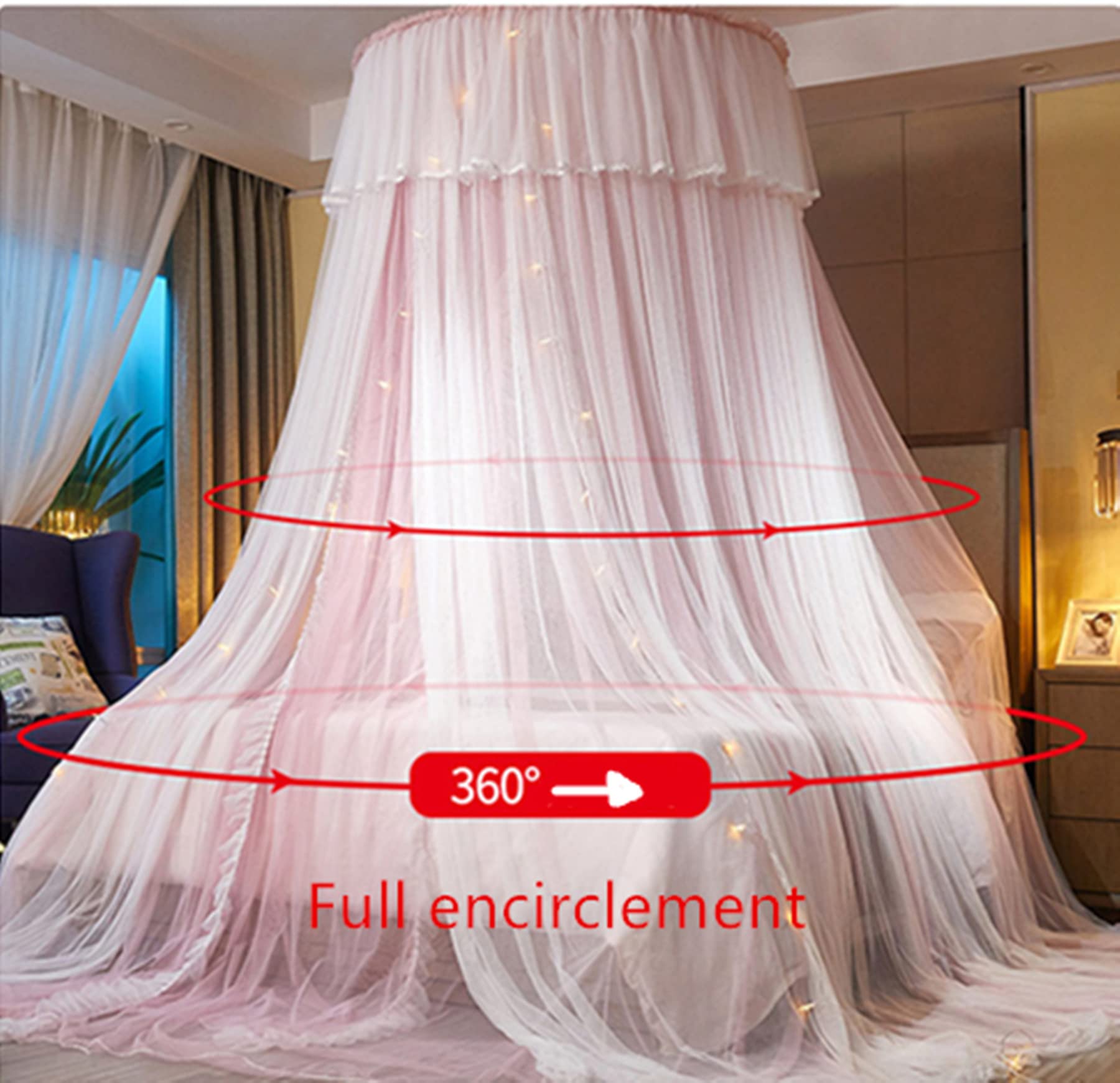 Baldaquin de lit Princesse pour Filles Rideau de baldaquin Double Couche Voile Transparent Dôme Rideau de lit en Dentelle Ronde Moustiquaire deTente pour décoration de Chambre(Rose/Blanc)