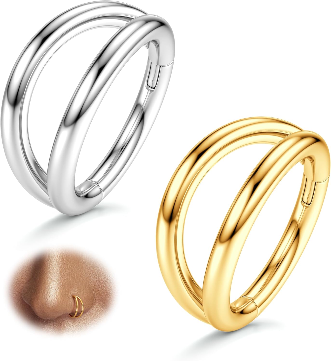 BodyBonita Surgical Steel Double Hoop Nose Rings 2pcs 18G Seamless-Hinged-Piercing Gold Plated Nose Rings Hoops Tragus Daith Rook Conch Helix Cartilage Earrings Nostril Piercing Jewelry Septum Clicker Diameter 7mm/8mm/9mm/10mm 18G10mm