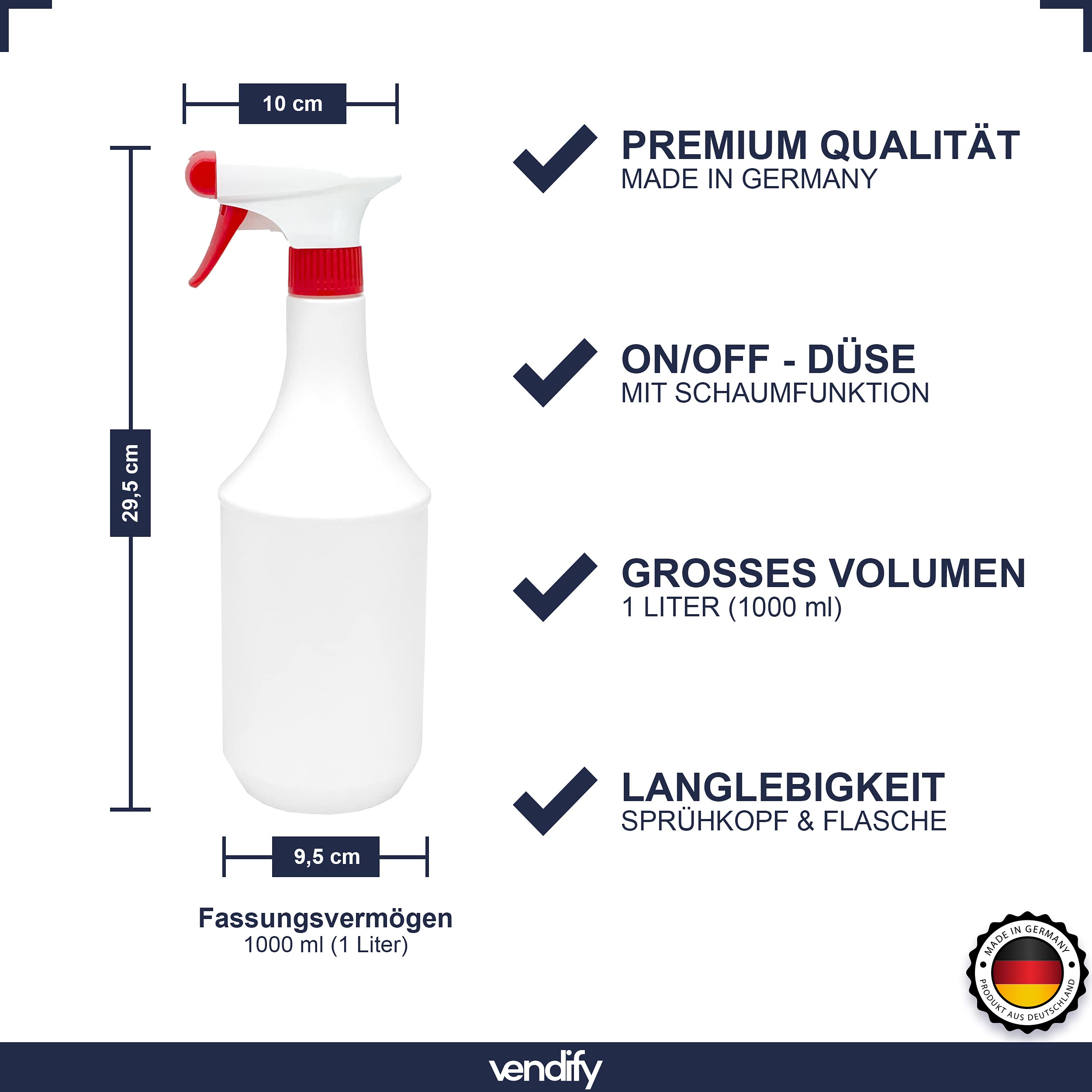 Sprühflasche 1 Liter / 1000 ml mit Schaum Düse - Leer ohne Label - Premium Qualität - 1l groß nachfüllbar Spray Bottle Fein Zerstäuber für Reinigungsmittel (12 Sprühflaschen)
