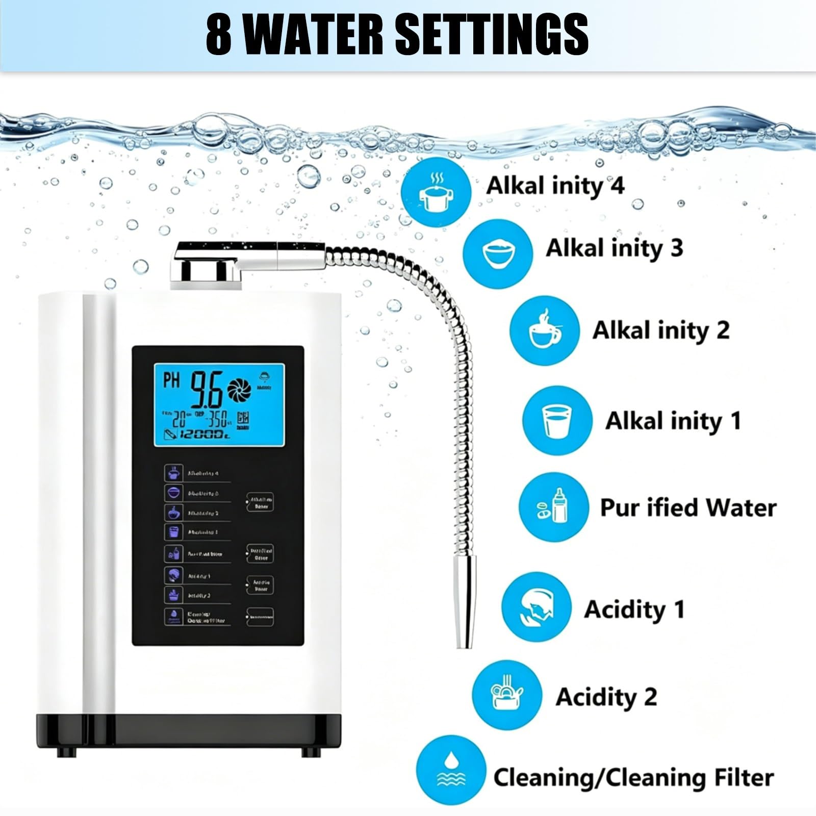 Wasserionisierer alkalisch Redoxpotential +400~-500mV pH 3,5–10,5 7 Einstellungen 8000 Liter Filter Weiß