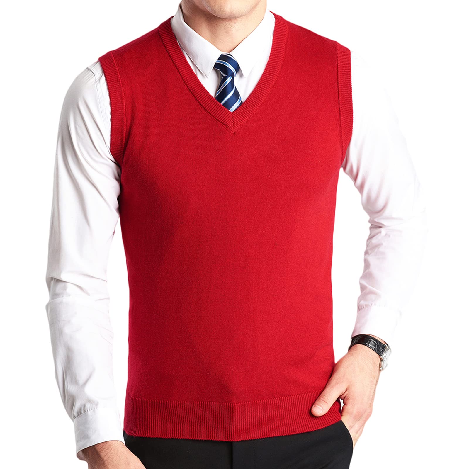Chaleco clásico de lana con cuello en V para hombre, sin mangas, para negocios, de punto, ajustado, sin mangas